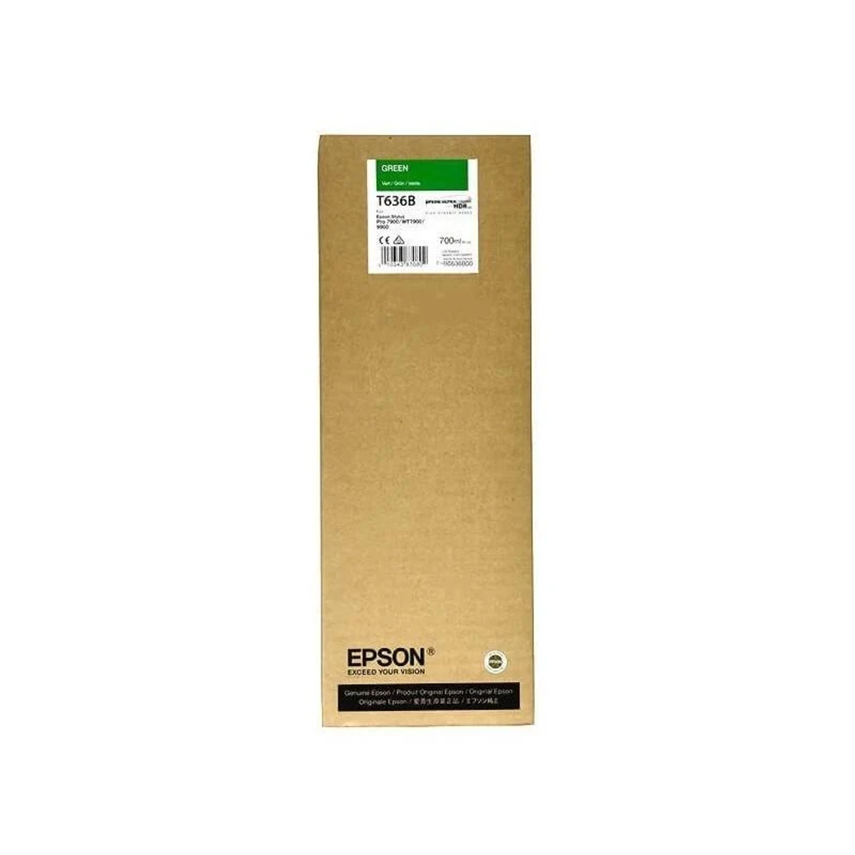Een kartonnen doos met een groen label met 'GREEN'. 'EPSON' staat ook op de doos.