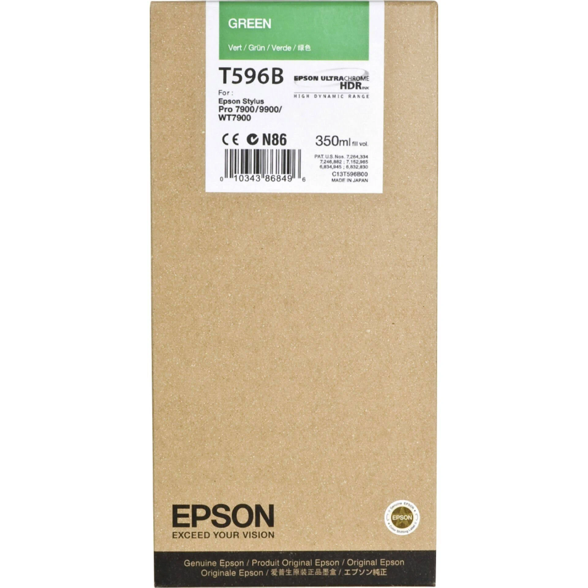 Groene Epson T596B inktcartridge. Tekst op bruine achtergrond. High Dynamic Range inkt.
