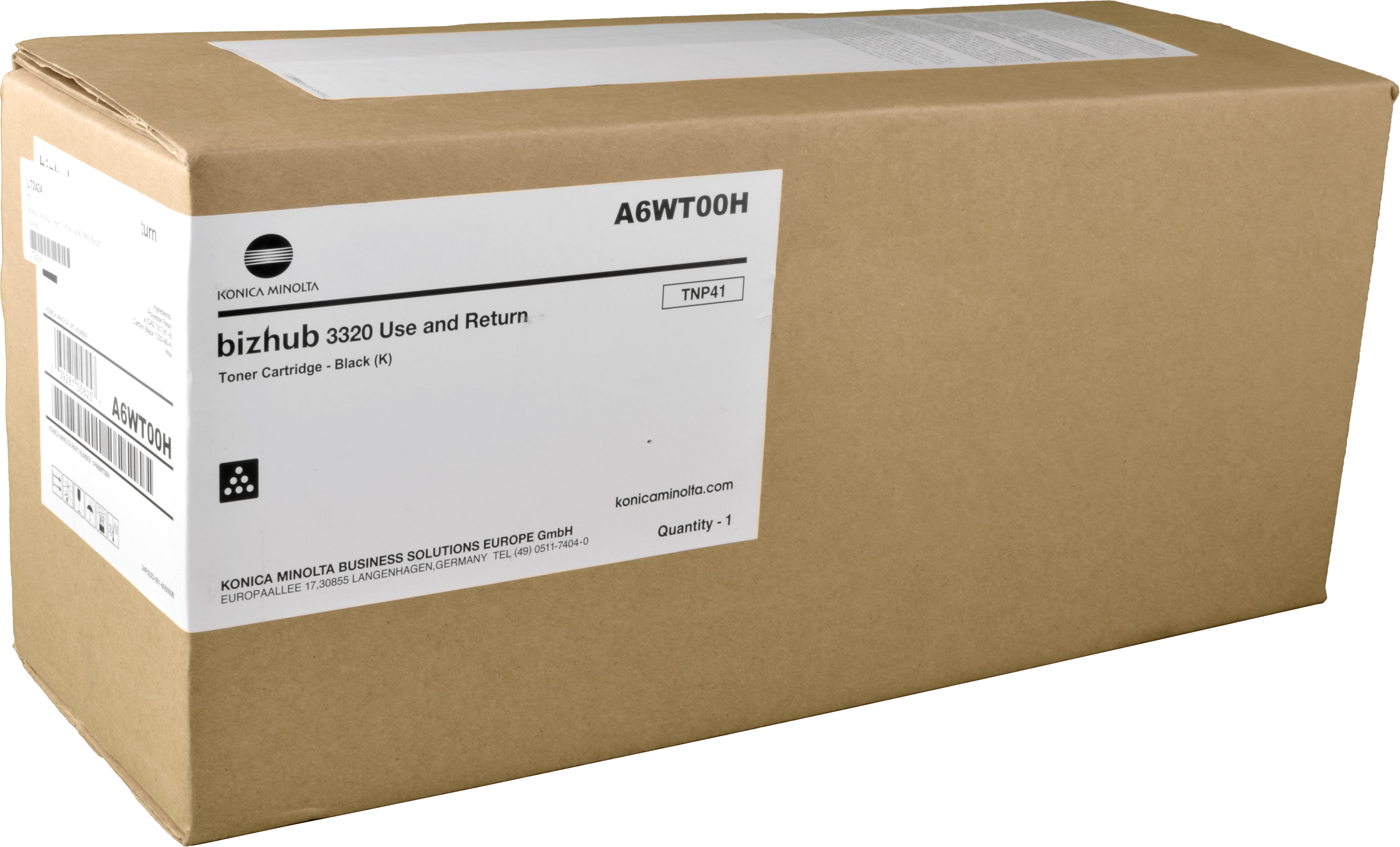 Braune Box mit der Aufschrift Konica Minolta bizhub 3320 Use and Return Tonerkartusche - Schwarz (K).