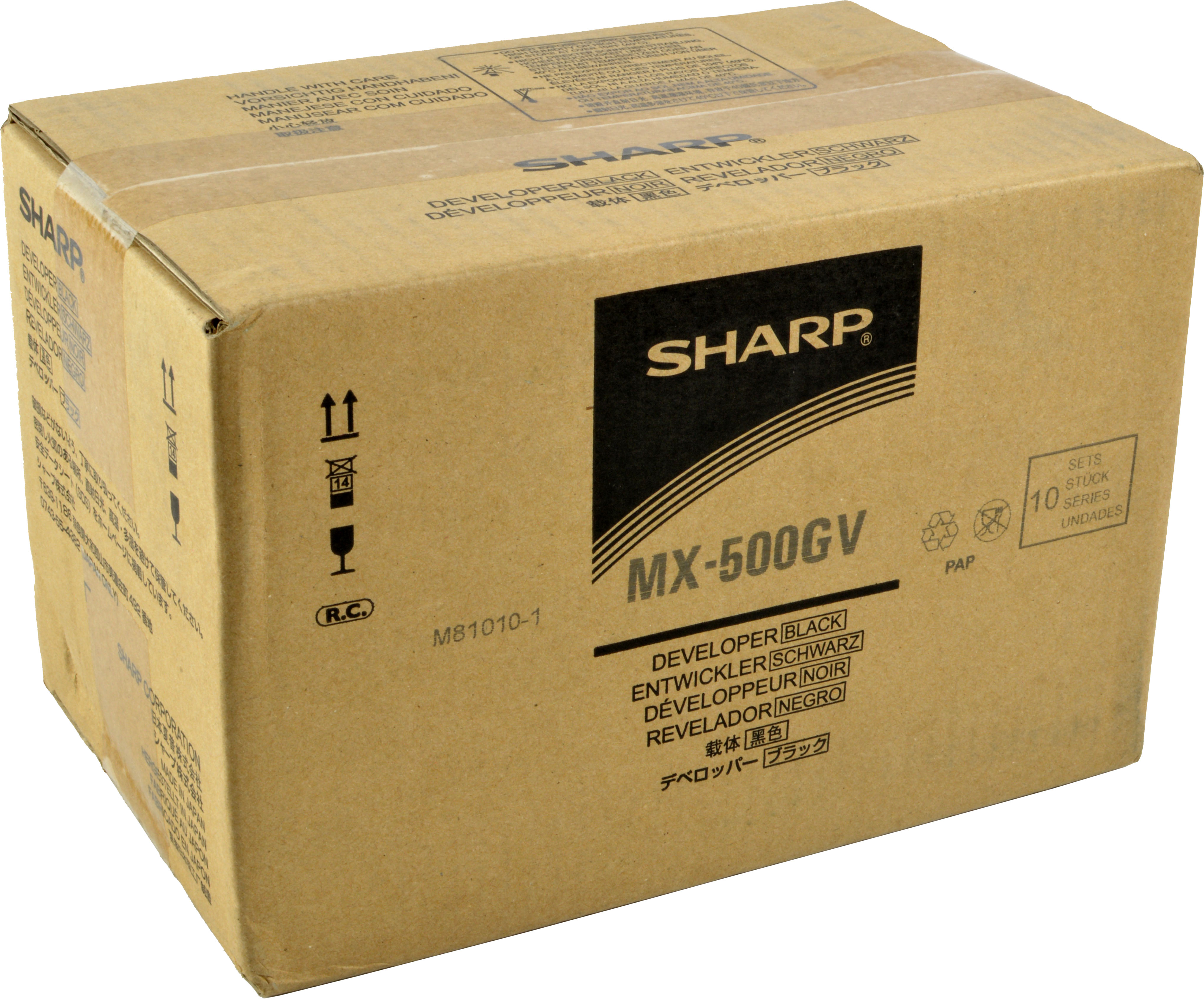 Braune Pappschachtel mit Aufdruck, u.a. "SHARP" und "MX-500GV".