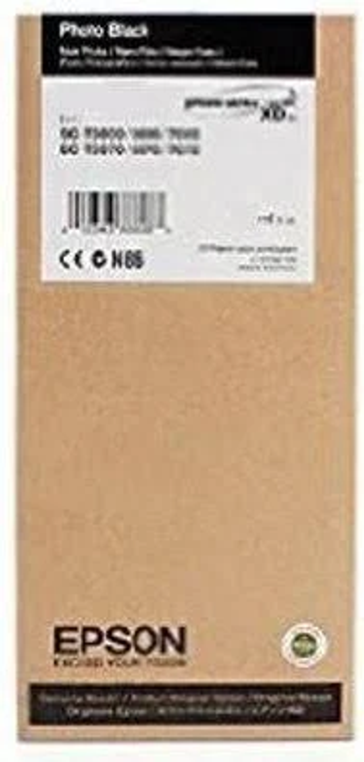 Una caja alta y rectangular de tinta negra fotográfica para impresora, con información de marca y producto.