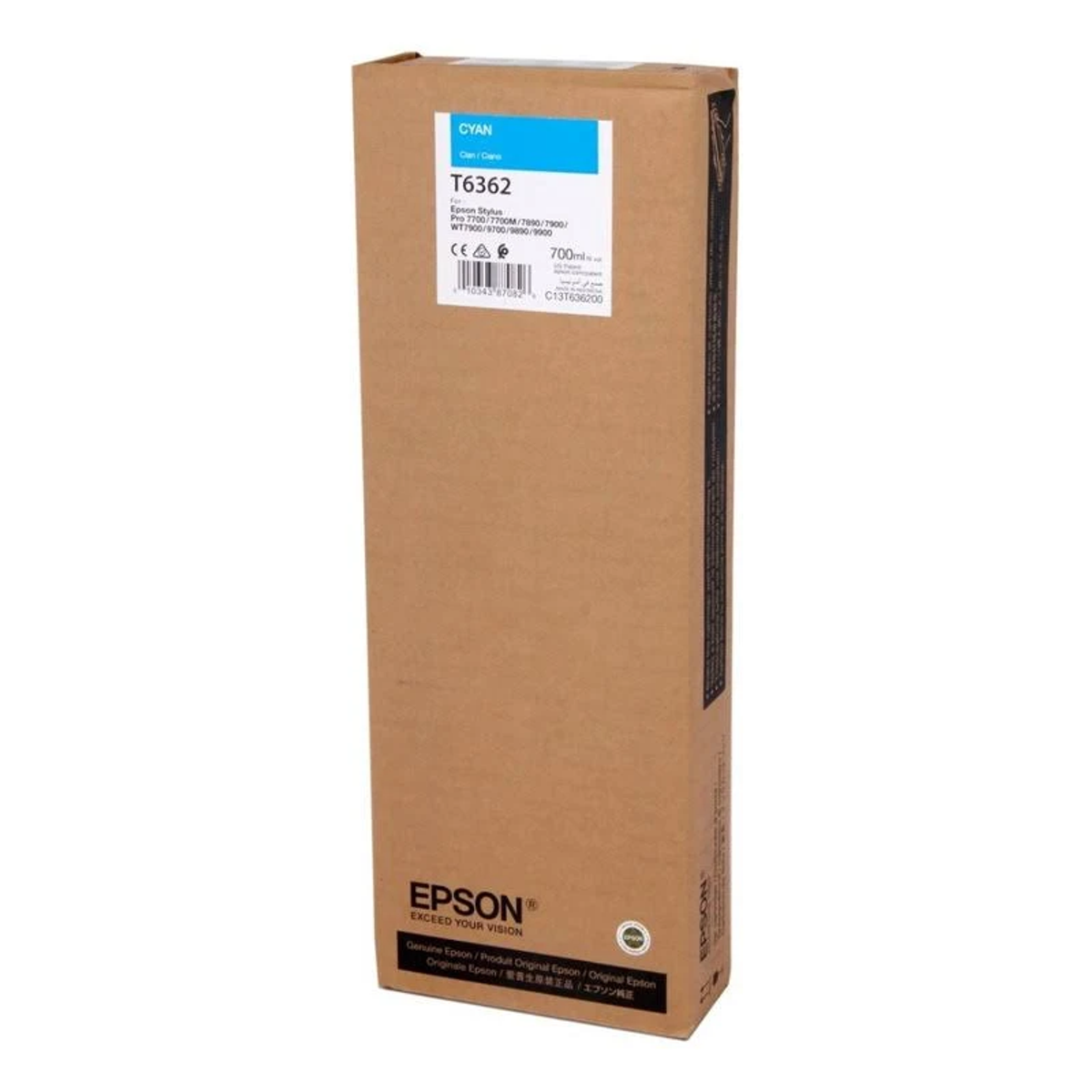 Eine Epson Tintenpatronenbox, zyanfarben beschriftet. Text und Produktinformationen sind aufgedruckt.
