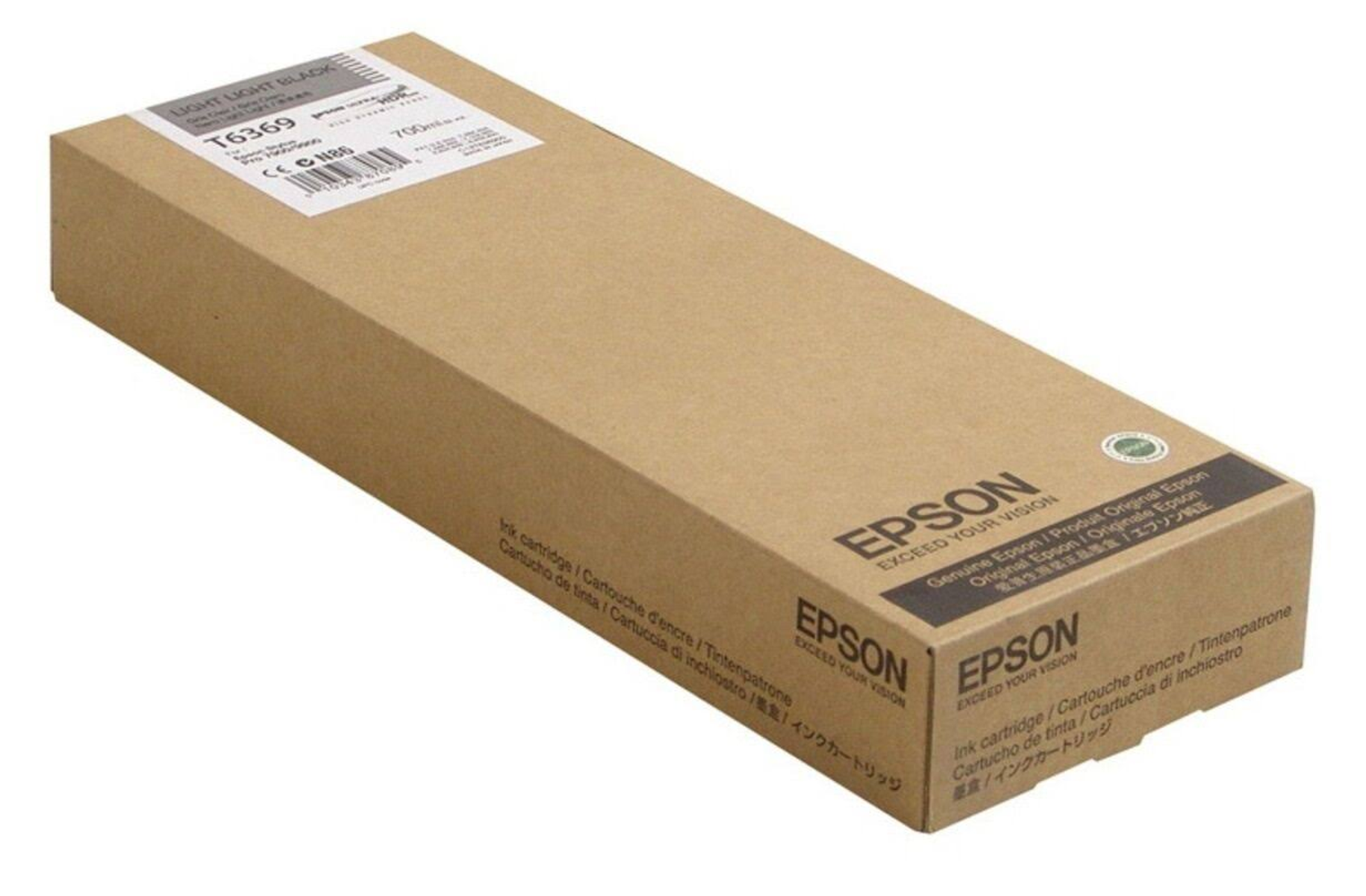 Bruine Epson inktcartridge doos. Tekst in meerdere talen. Witte achtergrond.
