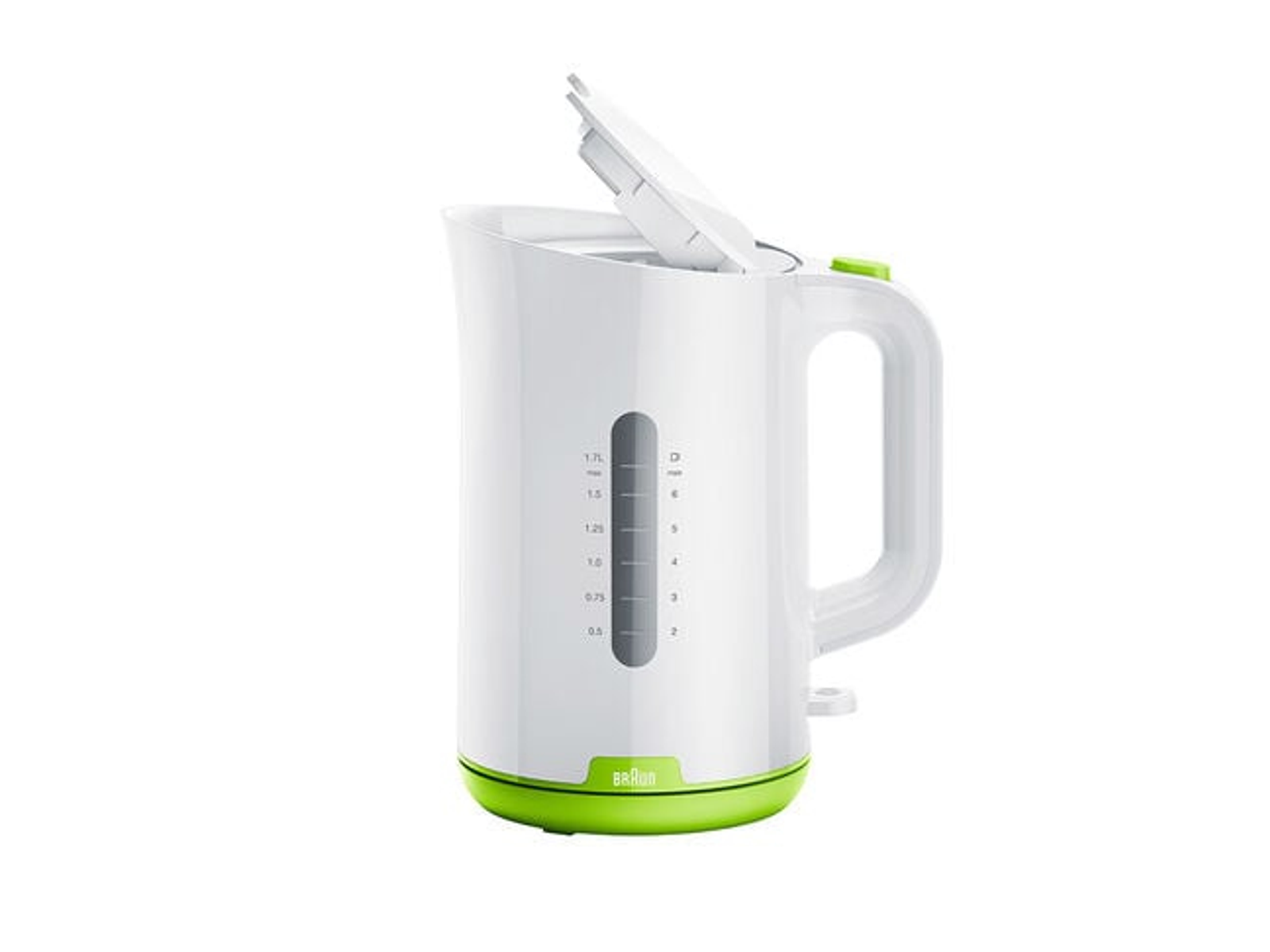Bollitore elettrico Braun bianco e verde con coperchio aperto, che mostra l'indicatore del livello dell'acqua.