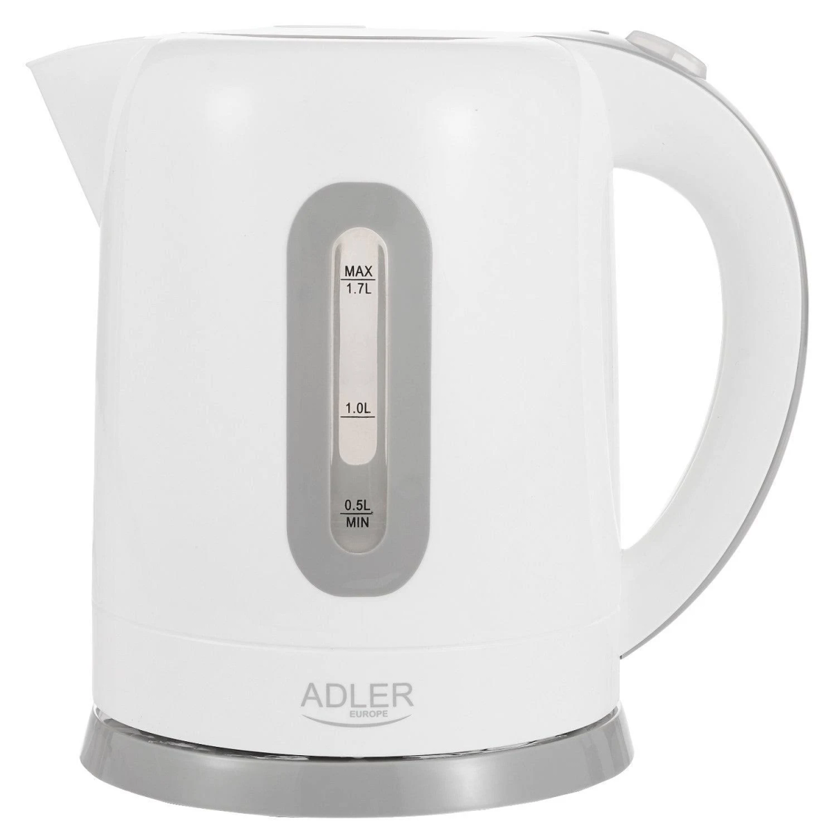 Witte waterkoker met grijze accenten en een waterniveau-indicator.