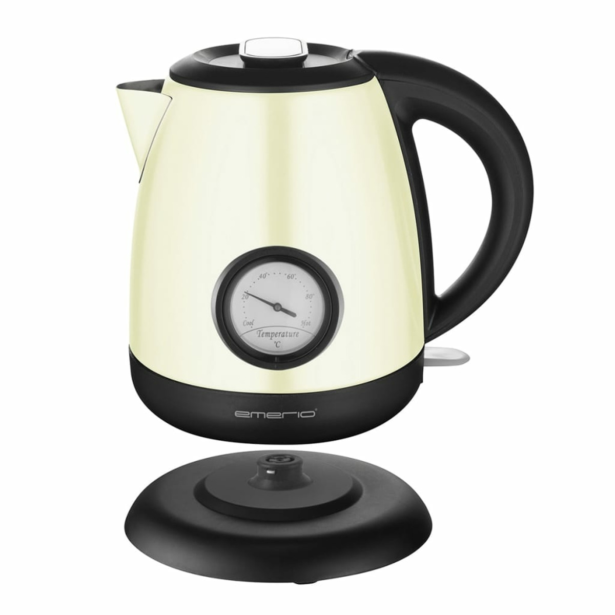 Hervidor eléctrico crema con base y asa negras, y un medidor de temperatura.
