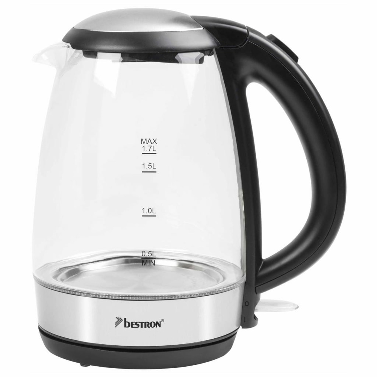 Przezroczysty szklany czajnik elektryczny z czarnym uchwytem. Wyświetla oznaczenia poziomu wody. Srebrna podstawa.