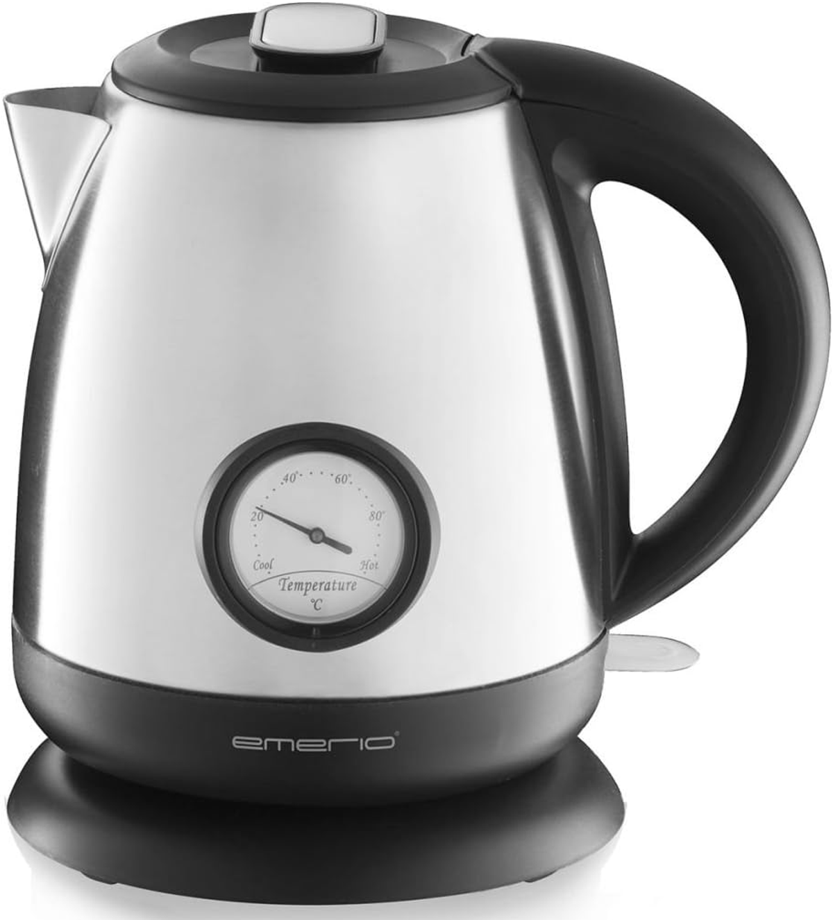 Tetera eléctrica de acero inoxidable con medidor de temperatura y base negra.
