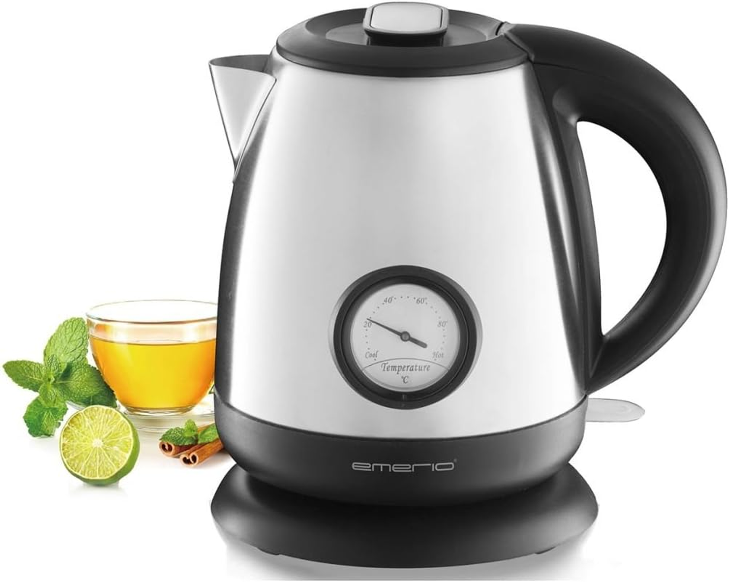 Hervidor eléctrico plateado y negro con termómetro, junto a té y limón.