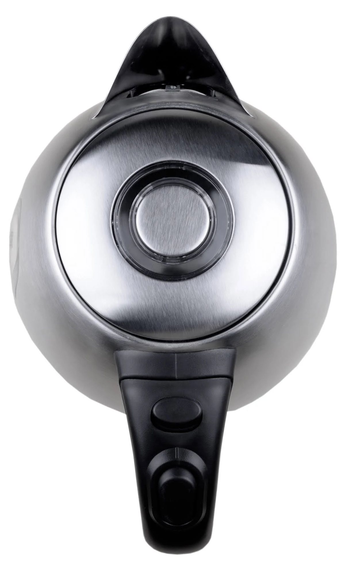 Widok z góry na czajnik elektryczny ze stali nierdzewnej z czarnym uchwytem i pokrywą.