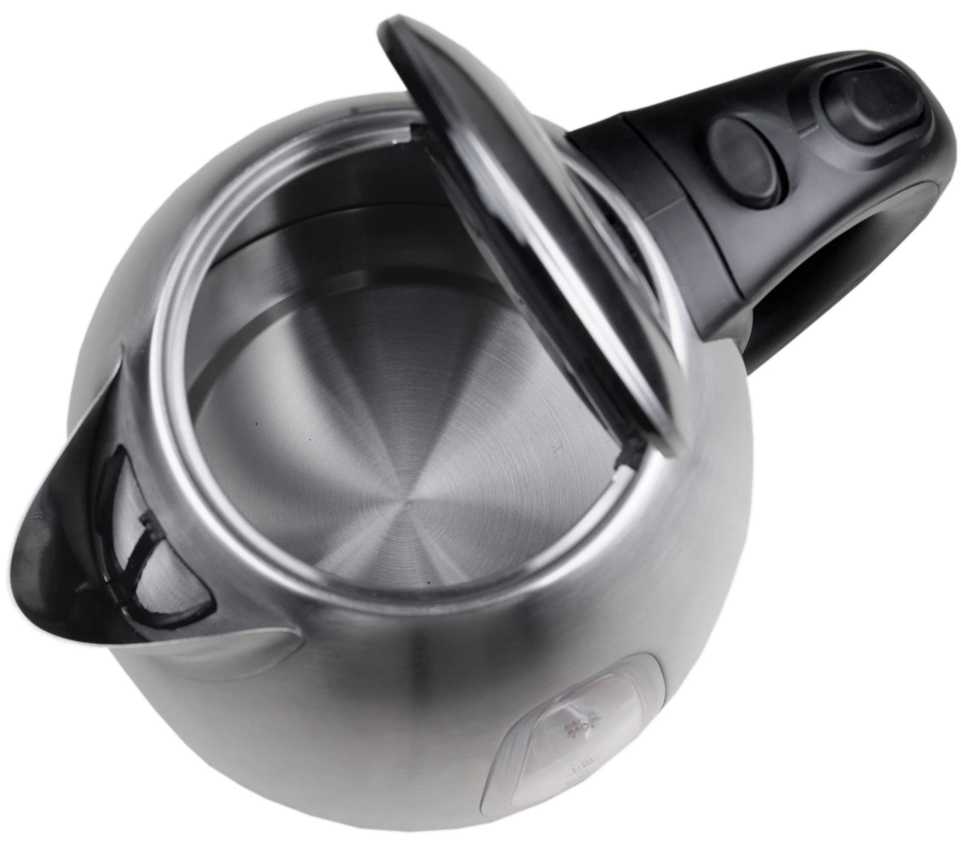 Widok z góry na czajnik elektryczny ze stali nierdzewnej z otwartą pokrywą, na białym tle.