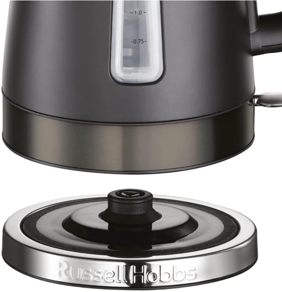 Czarna i srebrna podstawa czajnika Russell Hobbs z pokrywką. Srebrna podstawa i czarna pokrywa.