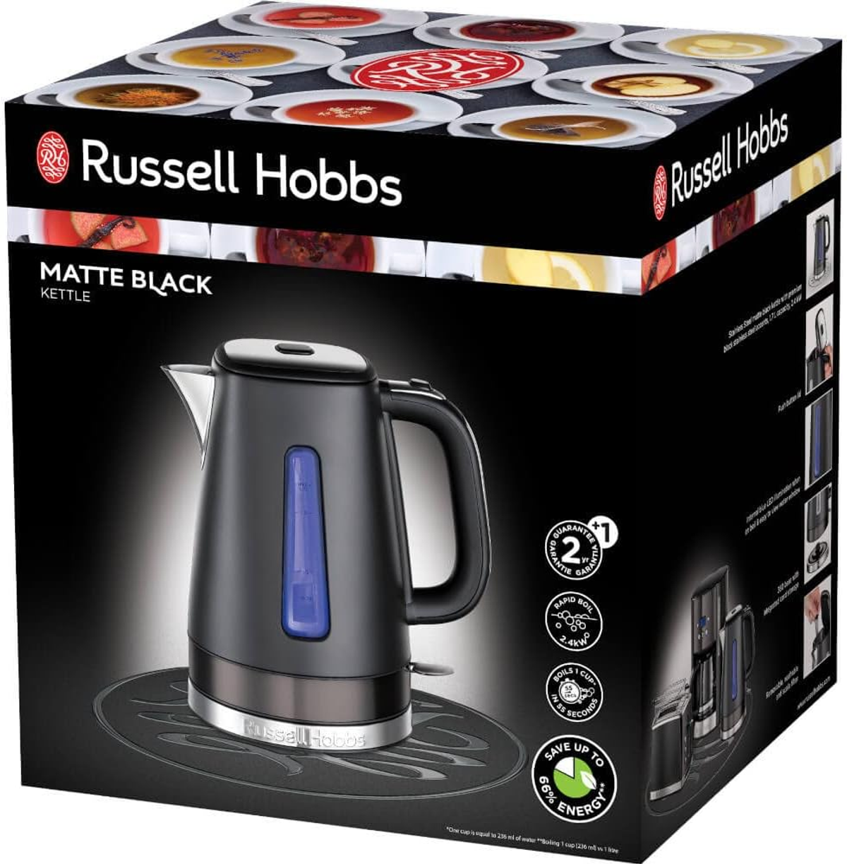 Czarny czajnik Russell Hobbs na pudełku, z niebieskim wskaźnikiem poziomu wody, na czarnej podstawie.