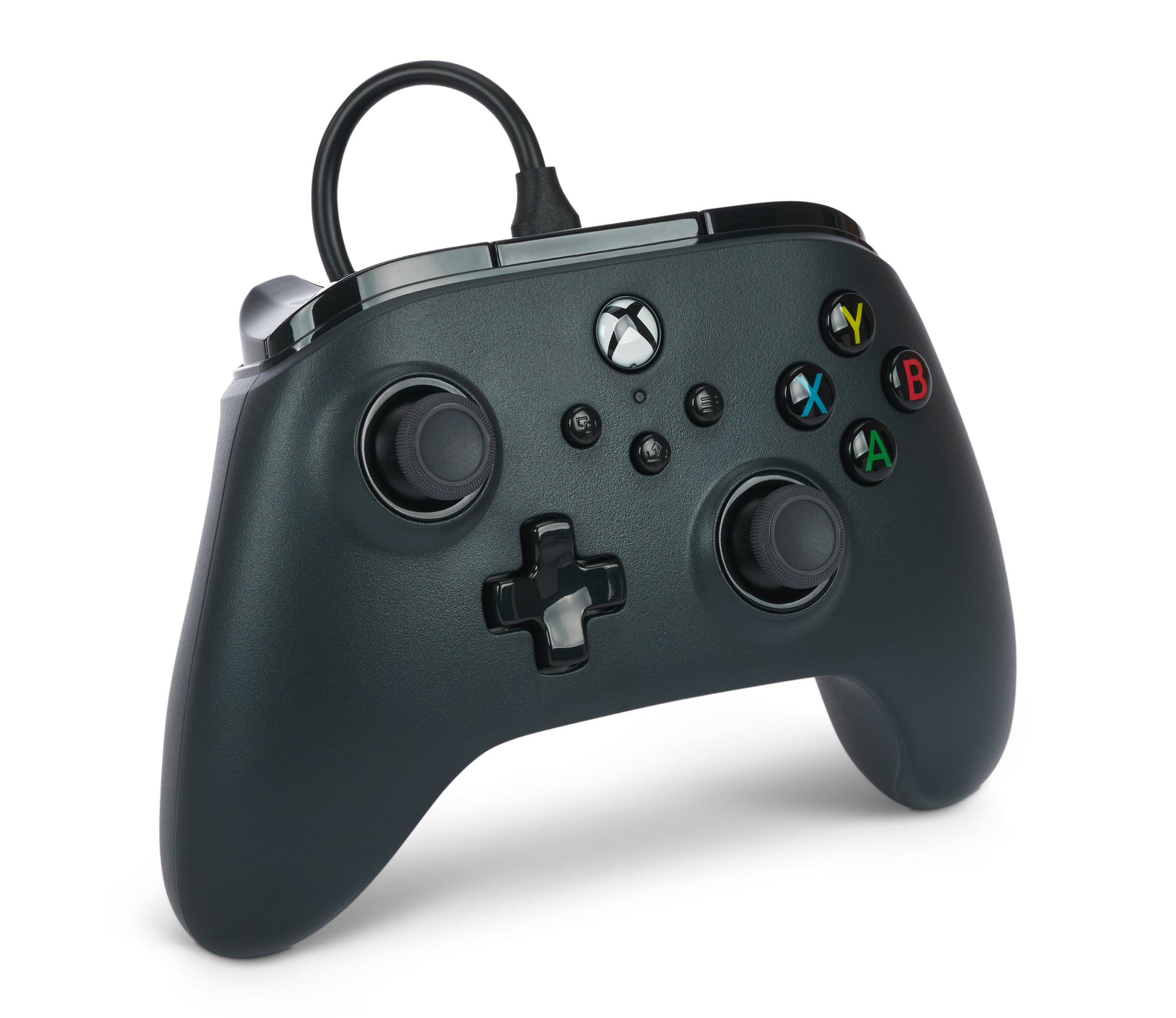 A black Xbox controller with colorful buttons and a connected cable.