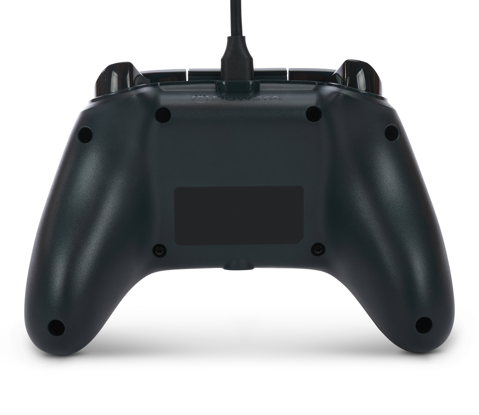 Dark gamepad. Back view with buttons and a connection port at the top.