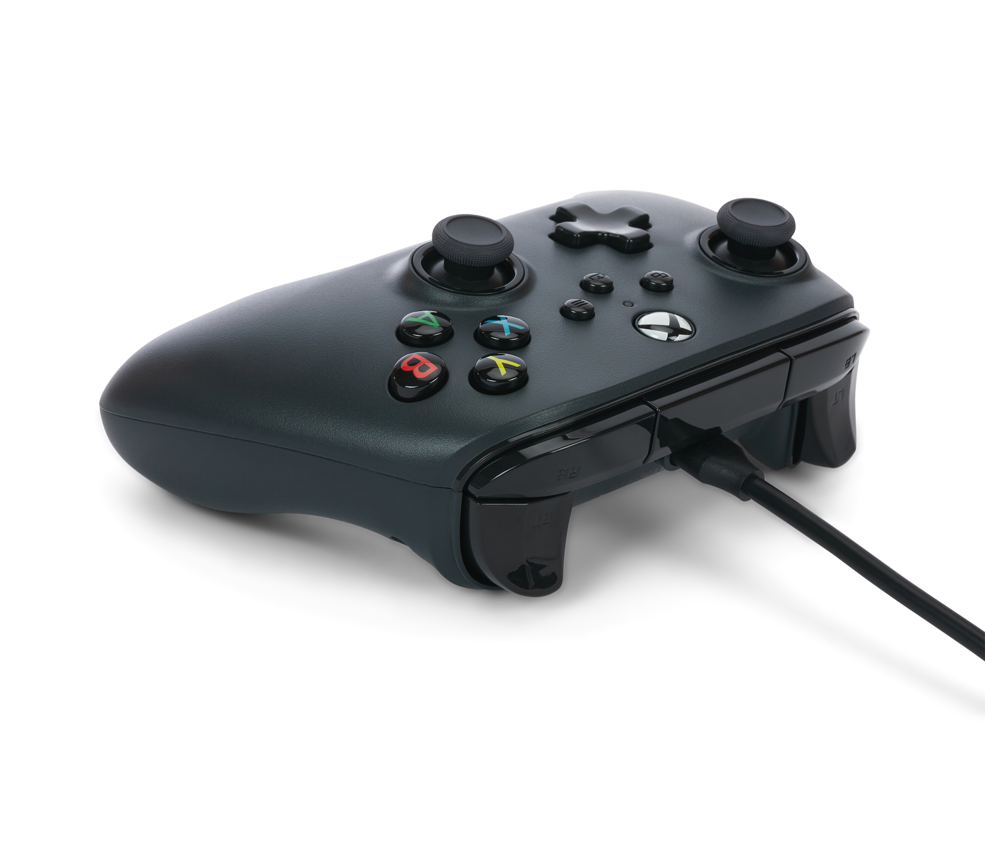 Dark gray Xbox controller connected to a cable.