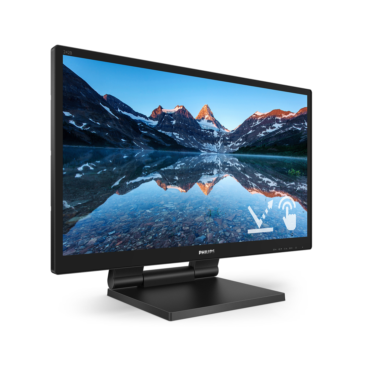 Monitor per computer nero con supporto nero, che mostra la vista di una montagna e di un lago.