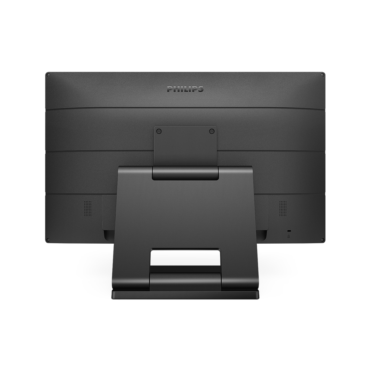 Vista posteriore di un monitor per computer Philips nero con supporto.