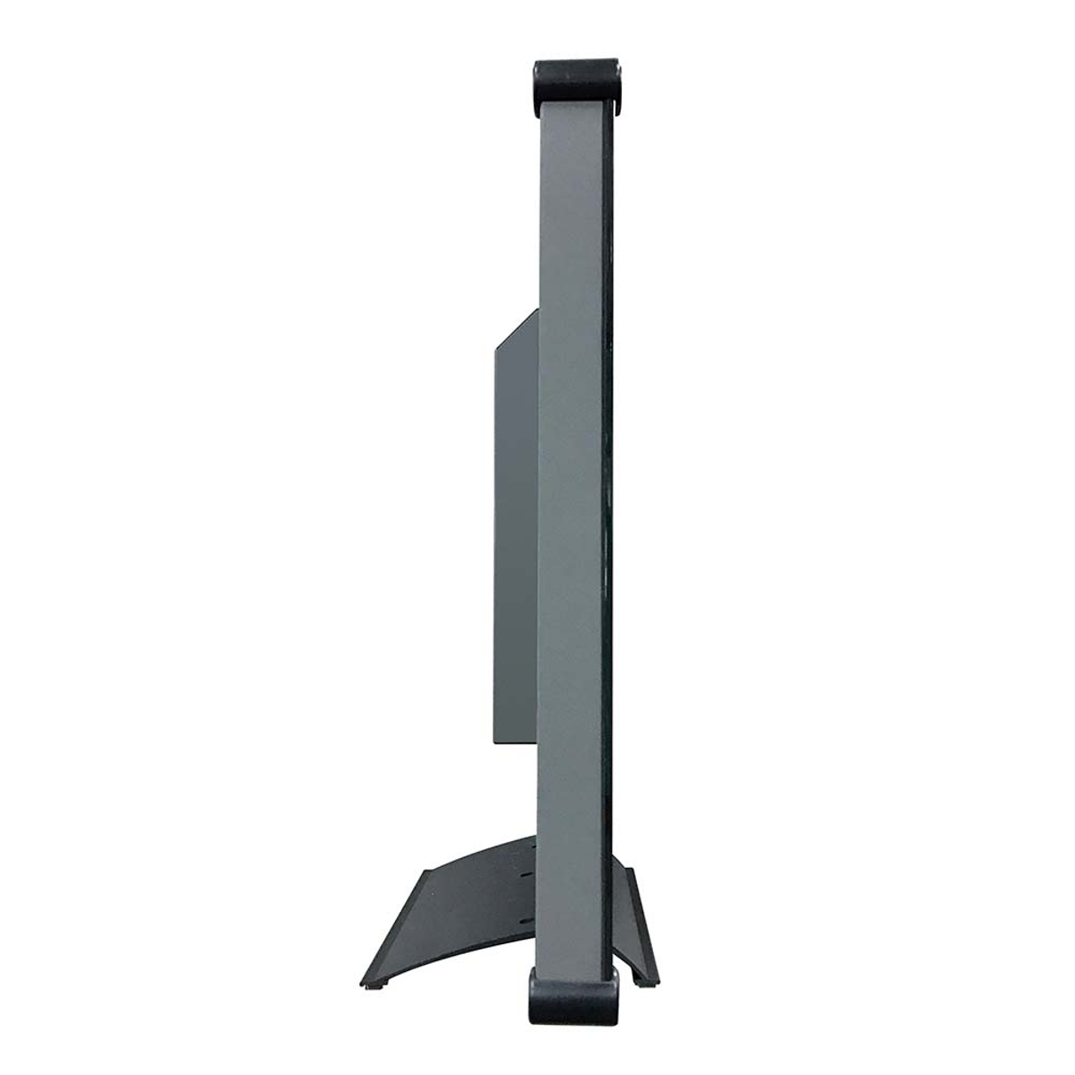 Grauer Computermonitor, Seitenansicht. Der Monitor steht auf einem Ständer mit schwarzem Rahmen und Sockel.