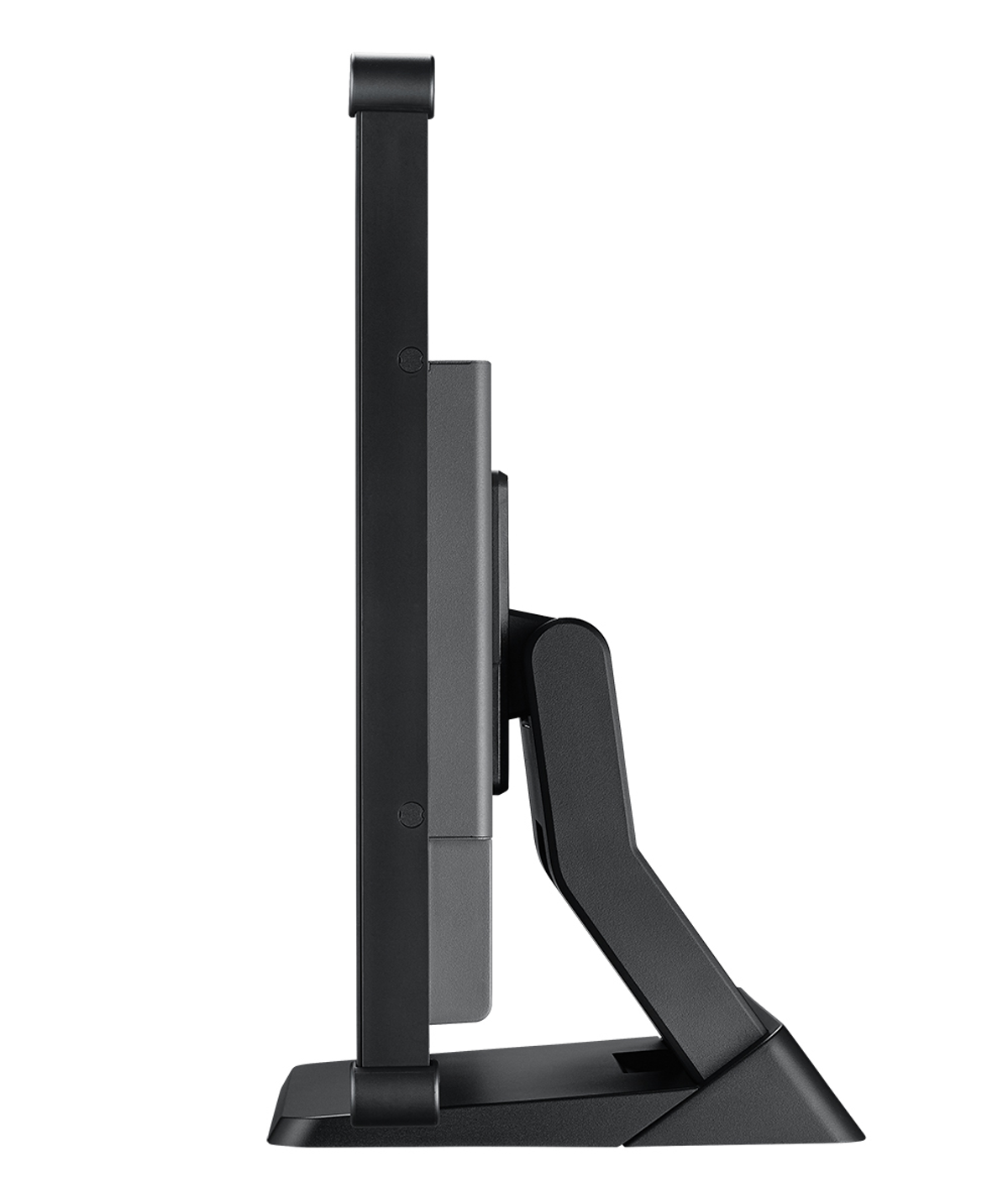 Ein schwarzer Computermonitor, Seitenansicht, mit einem Ständer.