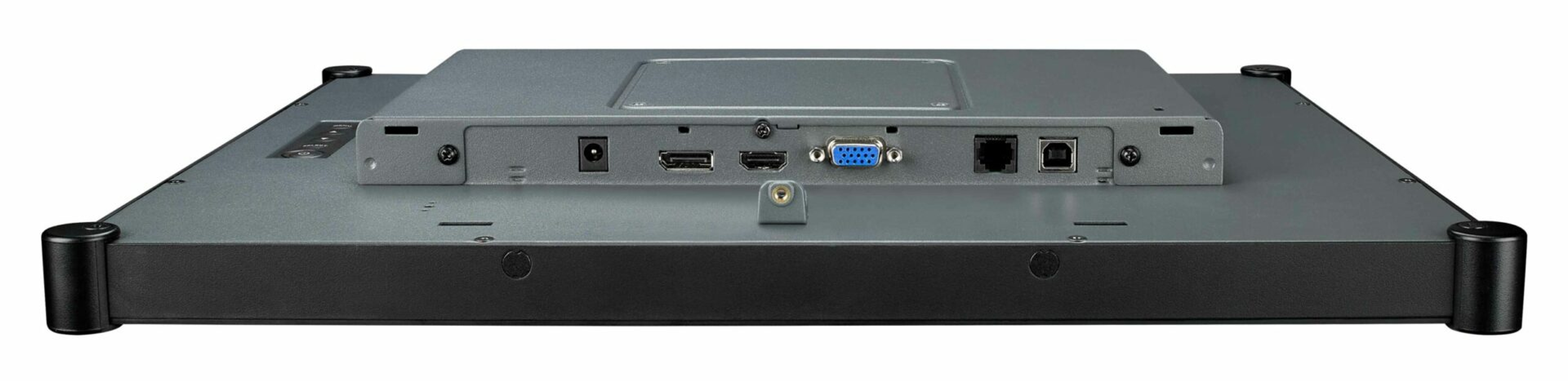 Die Rückseite eines schwarzen Monitors mit Anschlüssen: DC, HDMI, VGA und Ethernet. Eine kleine Halterung.