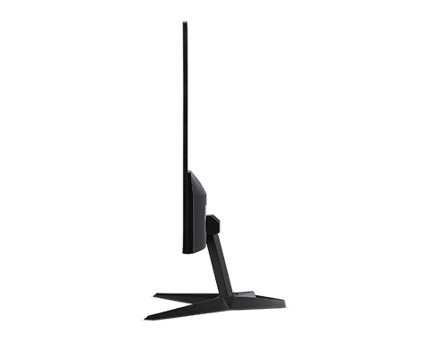Widok z boku czarnego monitora komputera z czarnym stojakiem na białym tle.