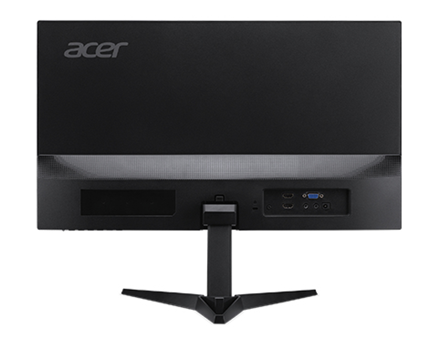 Tył czarnego monitora Acer. Ma podstawę, wejścia i logo Acer.