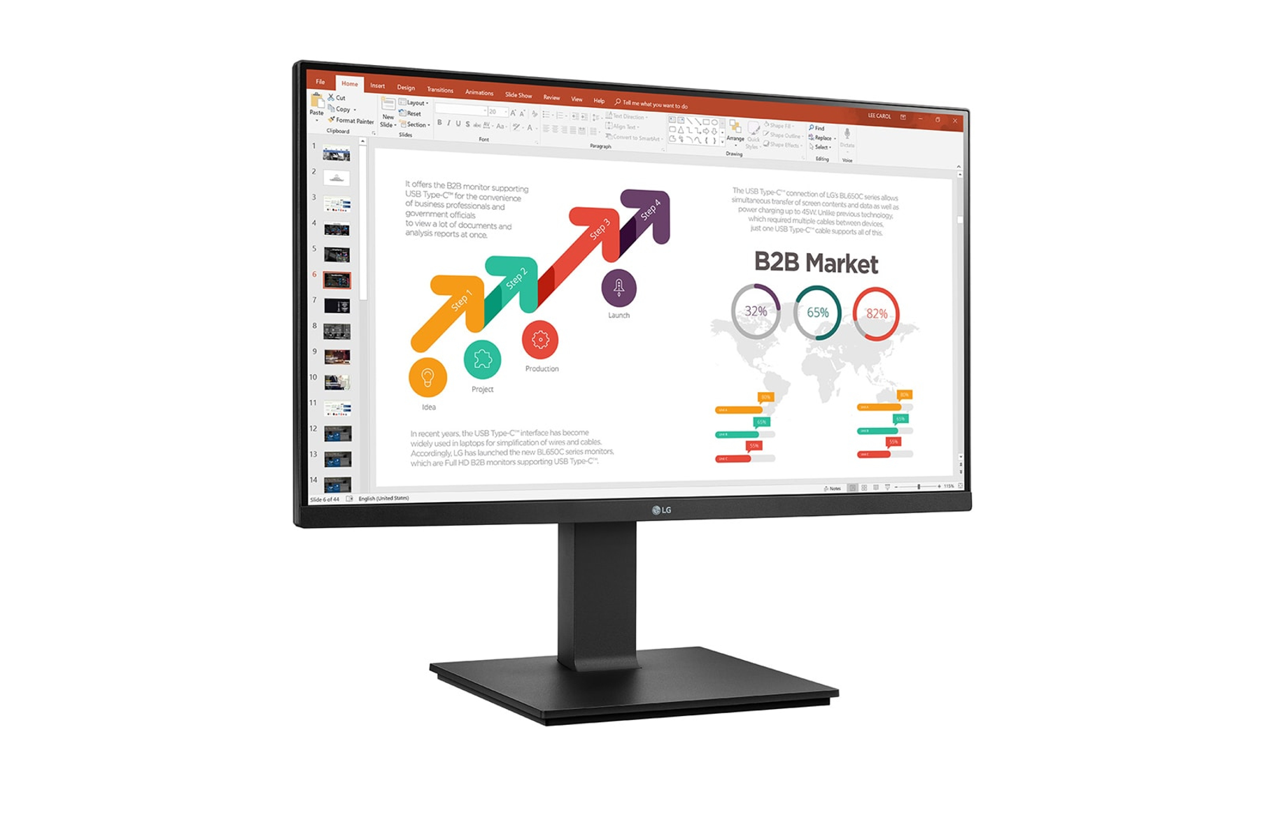 Monitor LG que muestra una presentación de negocios sobre un fondo blanco con un soporte negro.