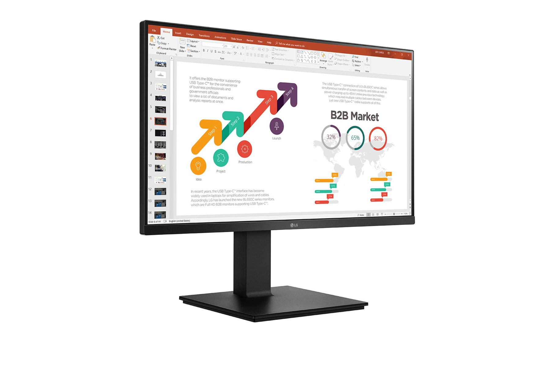 Un monitor de computadora muestra una presentación con gráficos, cuadros y texto. El monitor es negro.