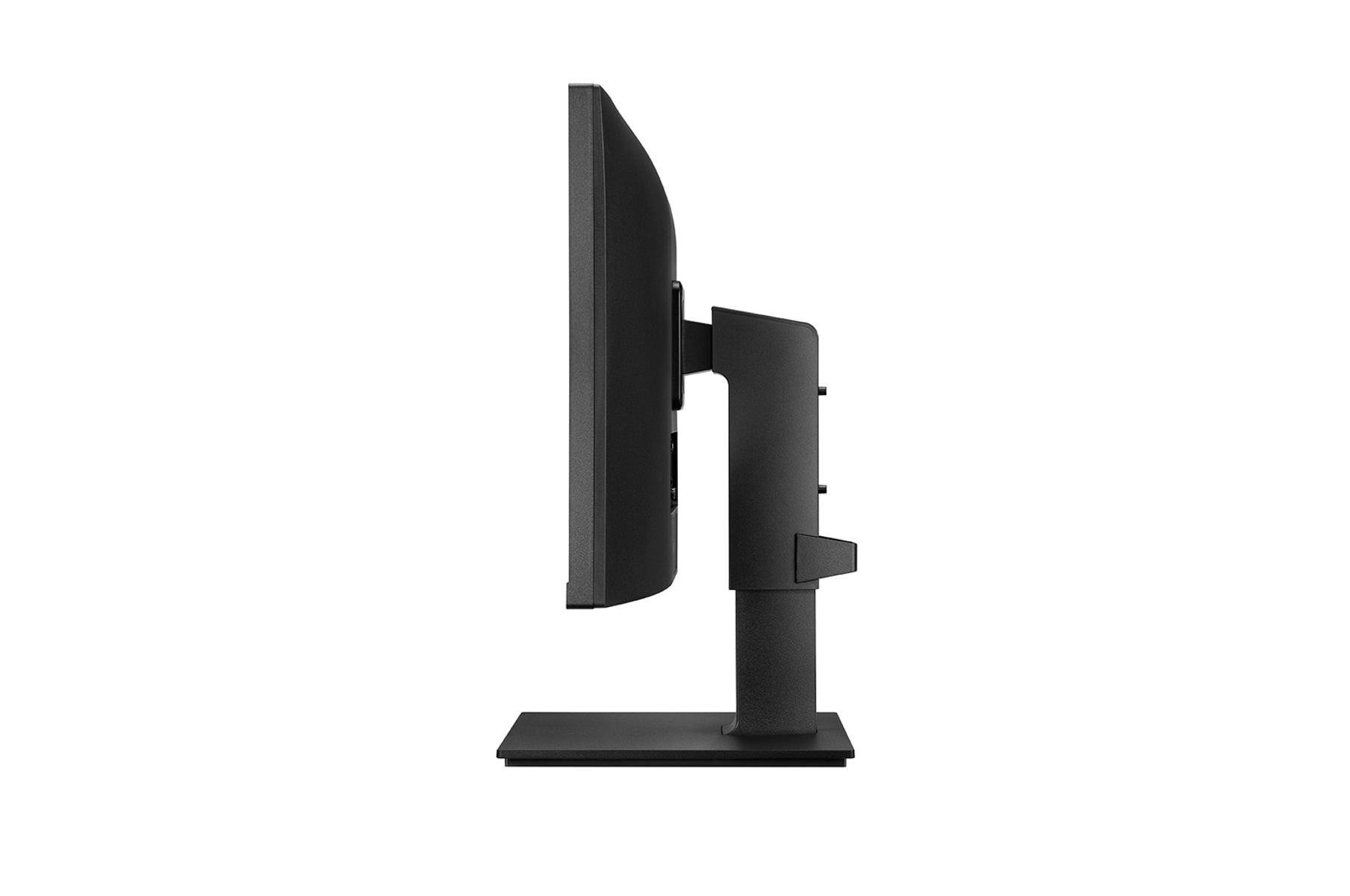 Vista lateral de monitor de computadora negro con soporte ajustable sobre fondo blanco.