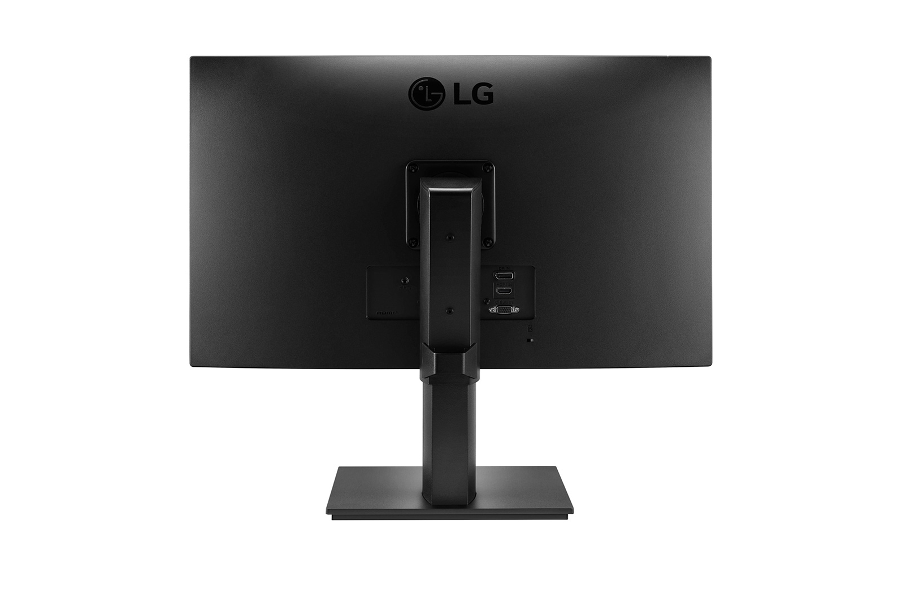 Parte trasera de un monitor LG negro con puertos y un soporte. El soporte está conectado al monitor.