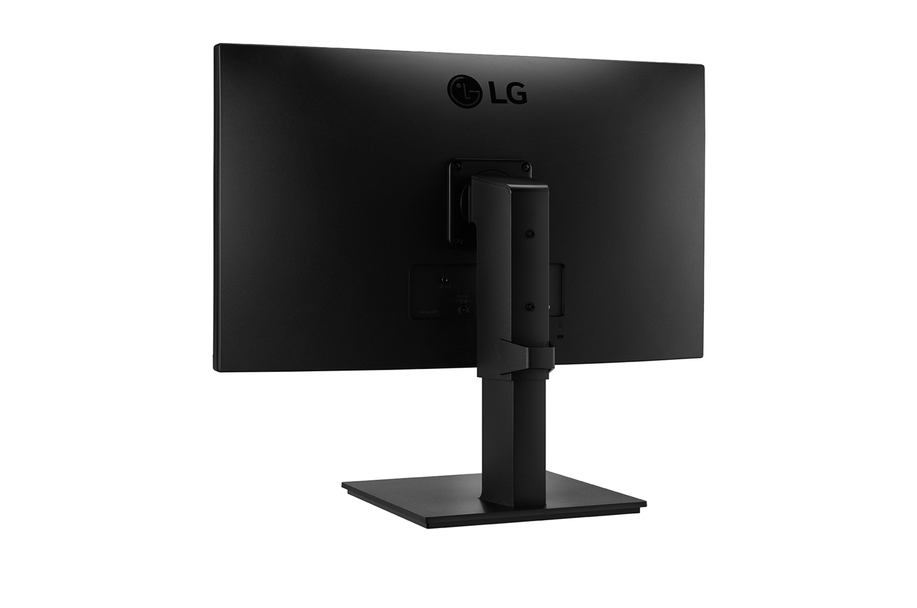 Monitor LG negro, vista trasera, con soporte.