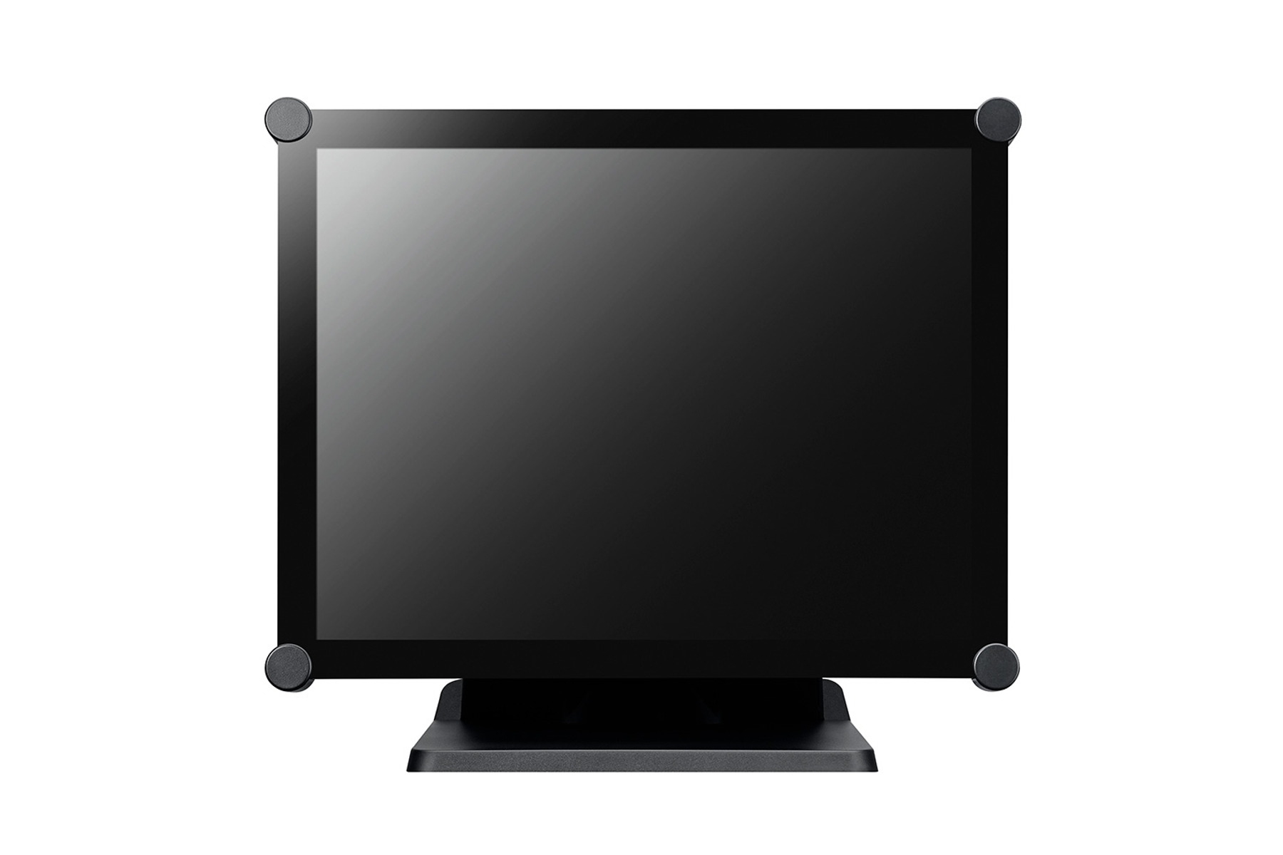 A black computer monitor with a plain black screen, on a black stand.