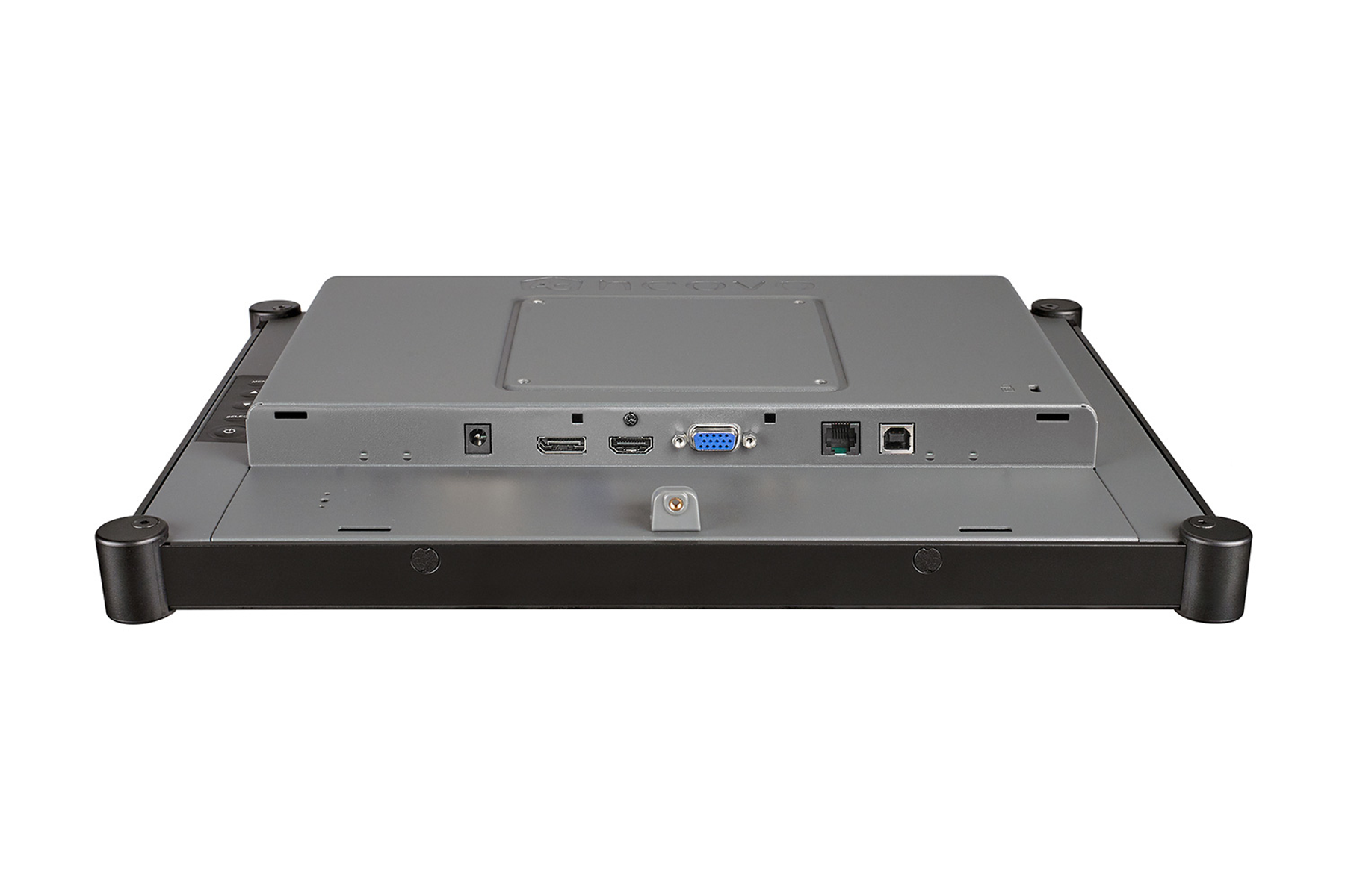 The back of a gray computer monitor showing connection ports and black supports.