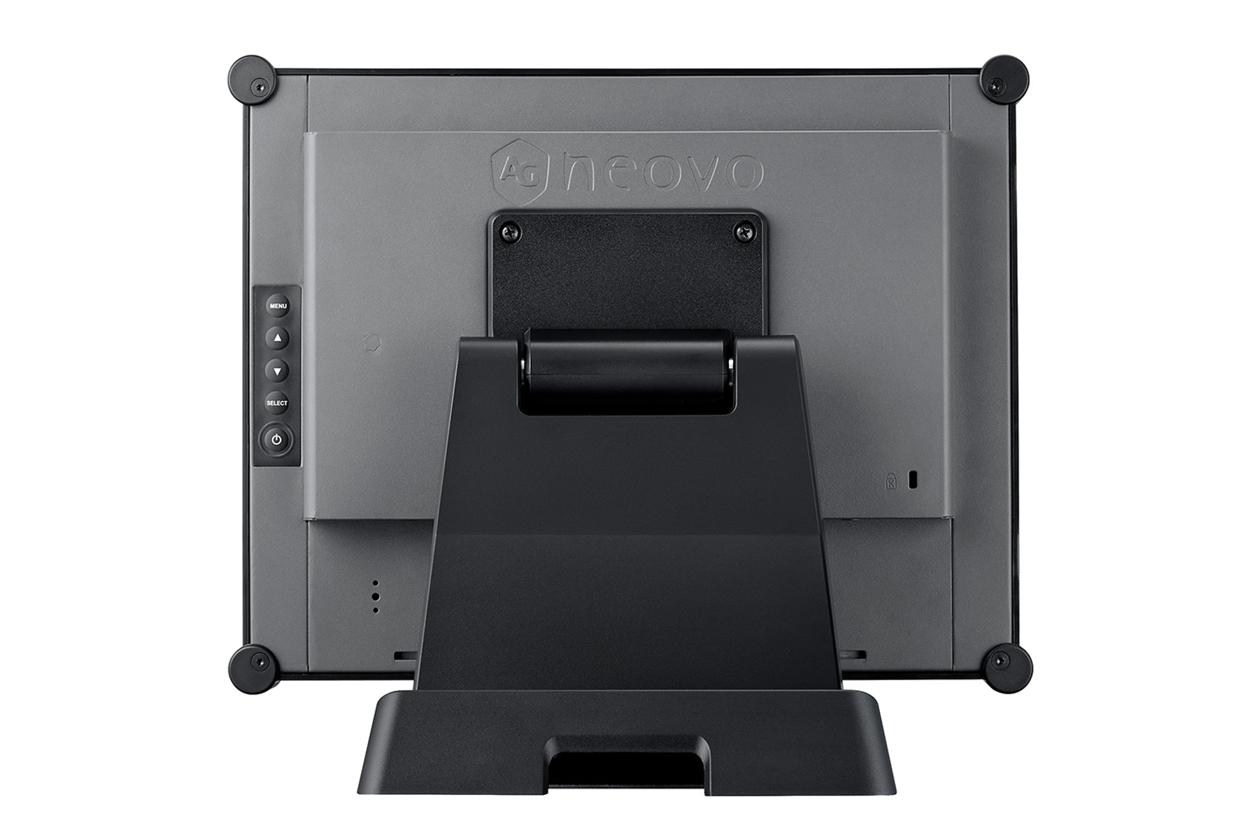 Rear view of a black computer monitor. It has a stand and various buttons on the back.