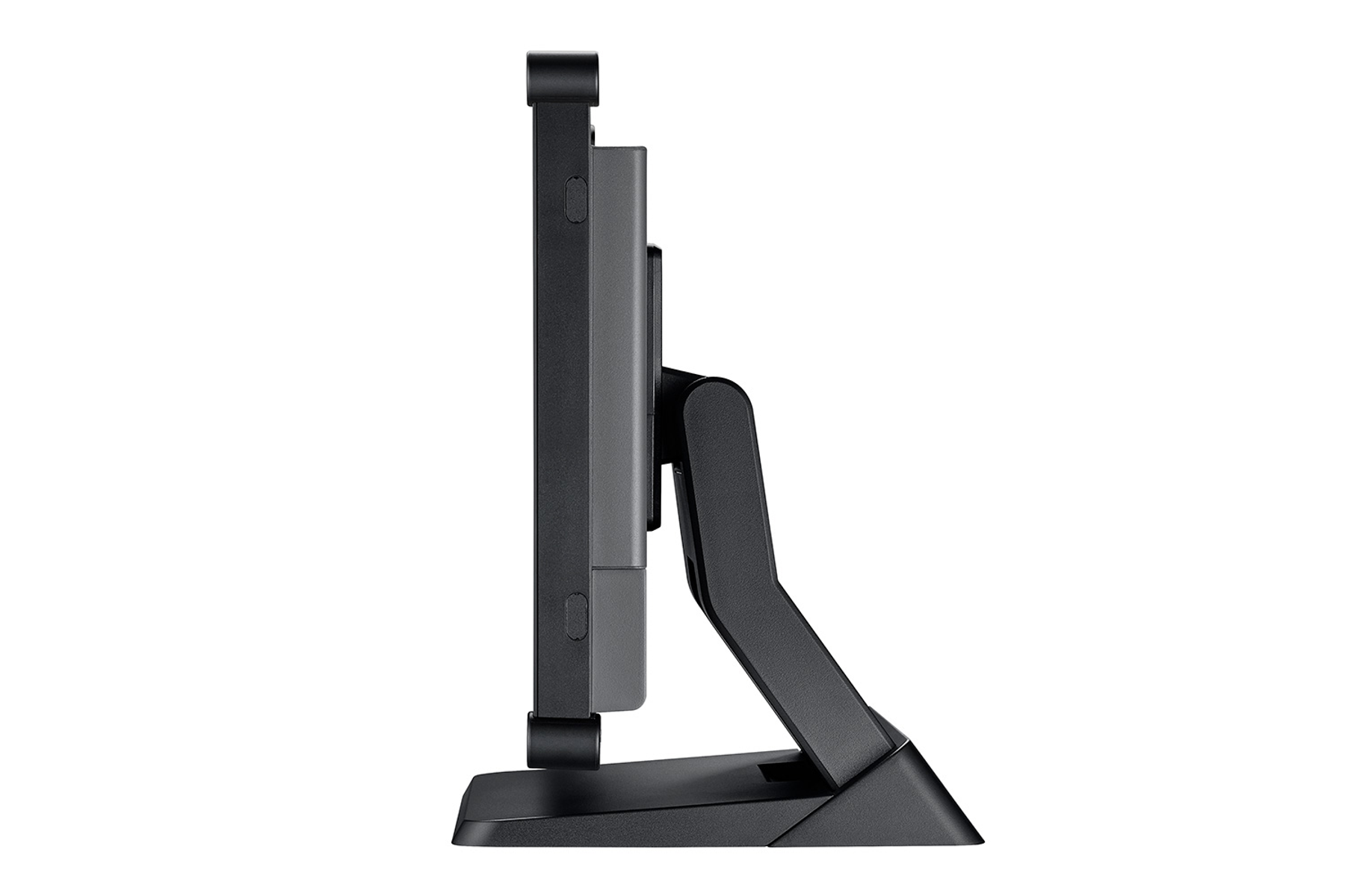 A side view of a black monitor. It is mounted on a stand with a tilt function.
