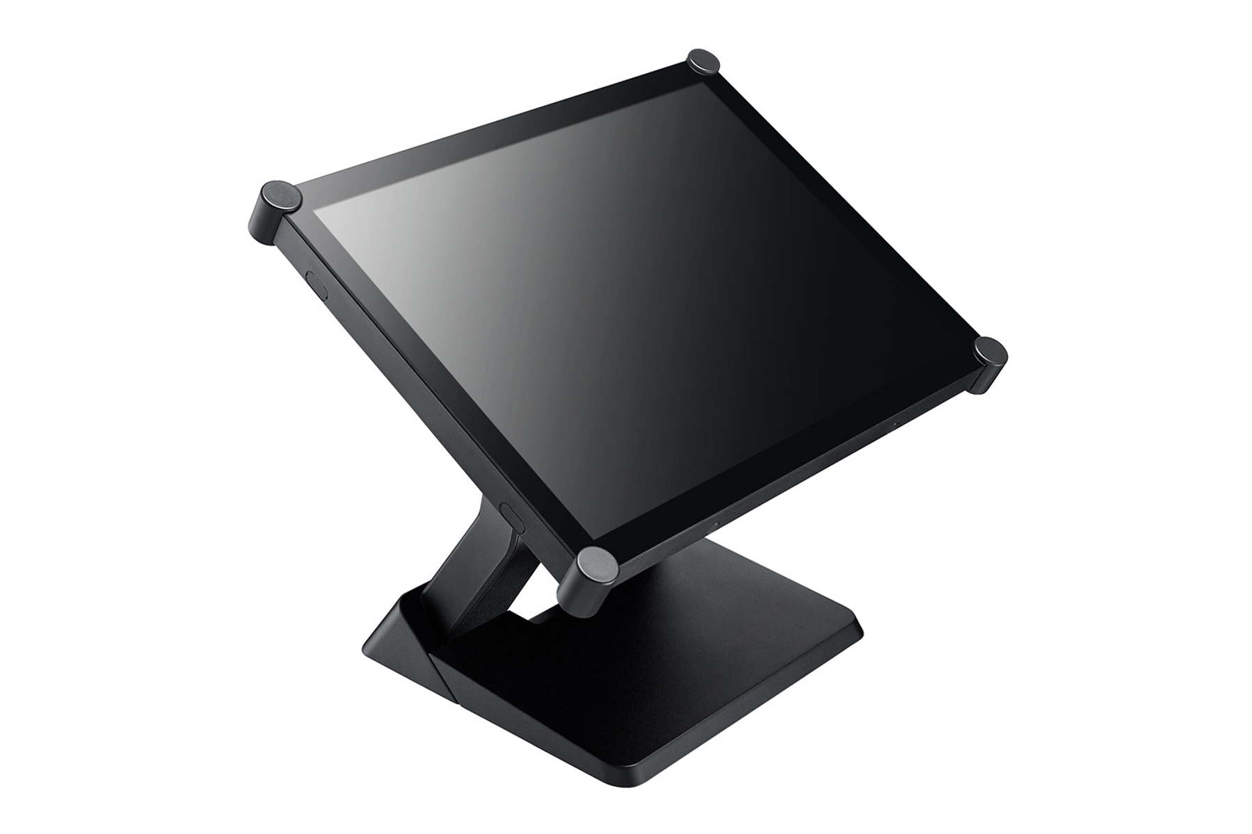 A black tablet-like device on a stand.