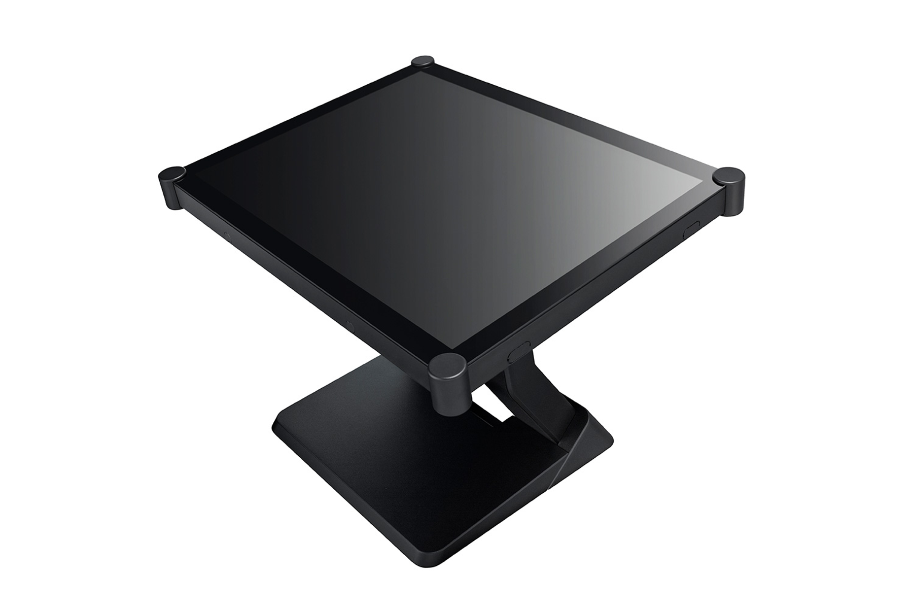 Black square monitor on a black stand.