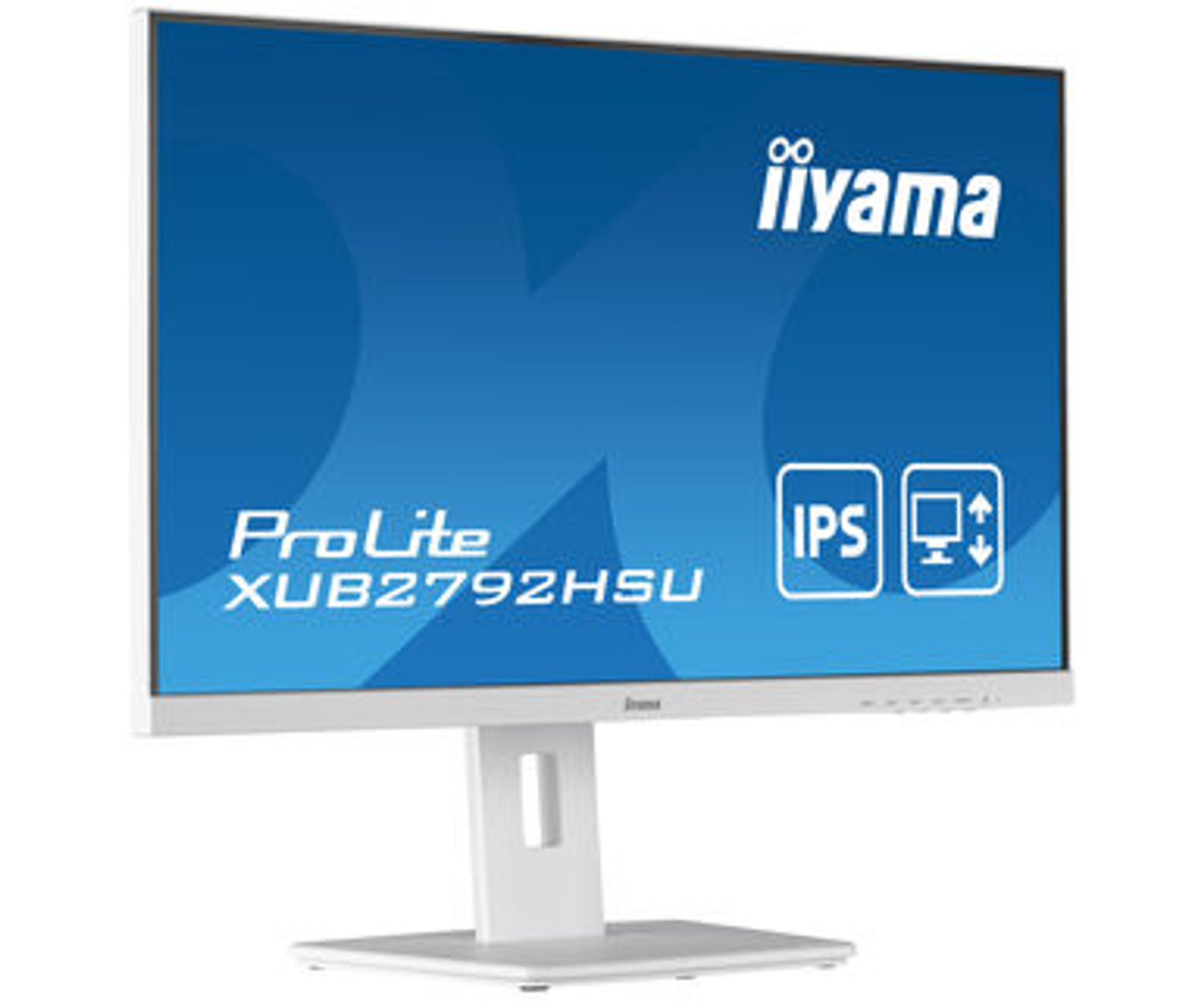 Ein weißer Computermonitor mit ProLite-Logo, IPS und den Abmessungen auf dem Bildschirm.