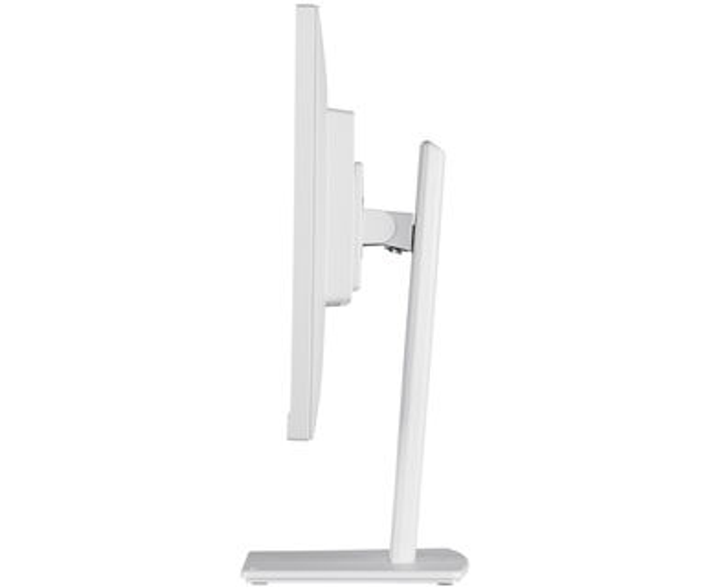 Ein weißer Computermonitor mit Ständer, von der Seite gesehen, auf weißem Hintergrund.