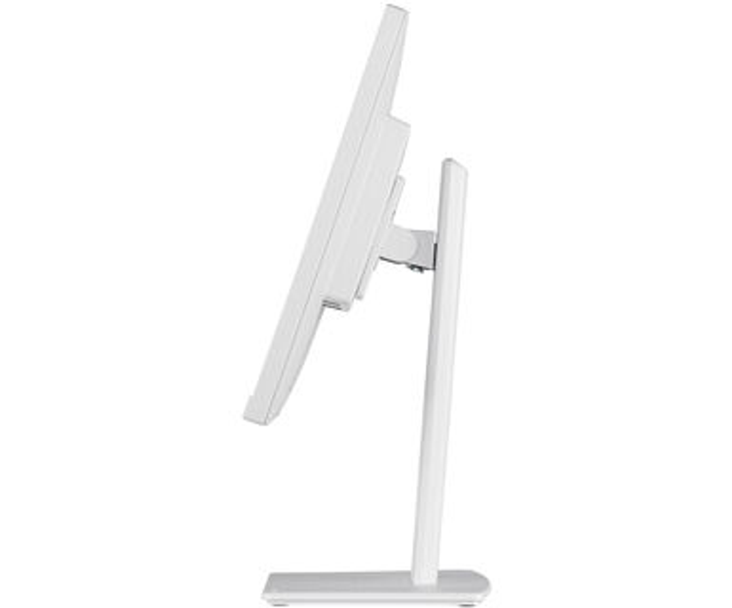Ein weißer Monitor mit weißem Ständer, Seitenansicht.
