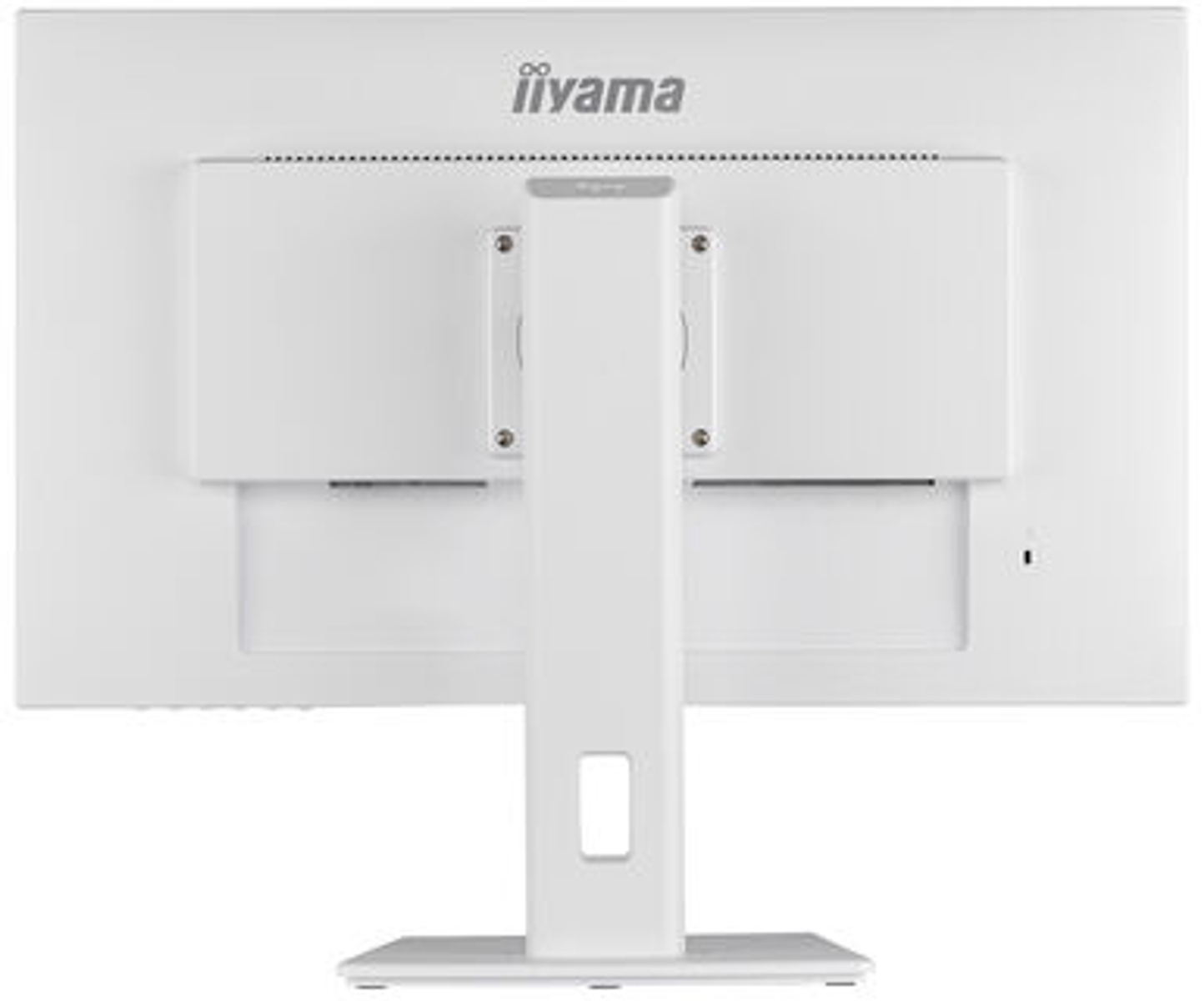 Rückansicht eines weißen Monitors mit Ständer. Auf dem Monitor ist die Marke iiyama zu sehen.