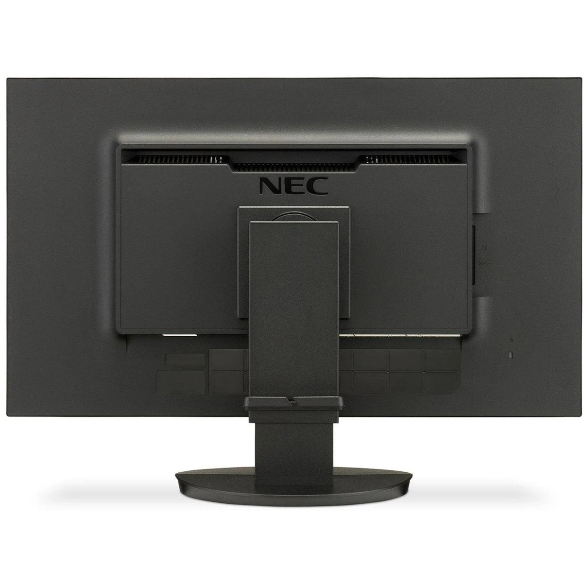 Il retro di un monitor NEC nero su un supporto nero. Il marchio NEC è visibile.