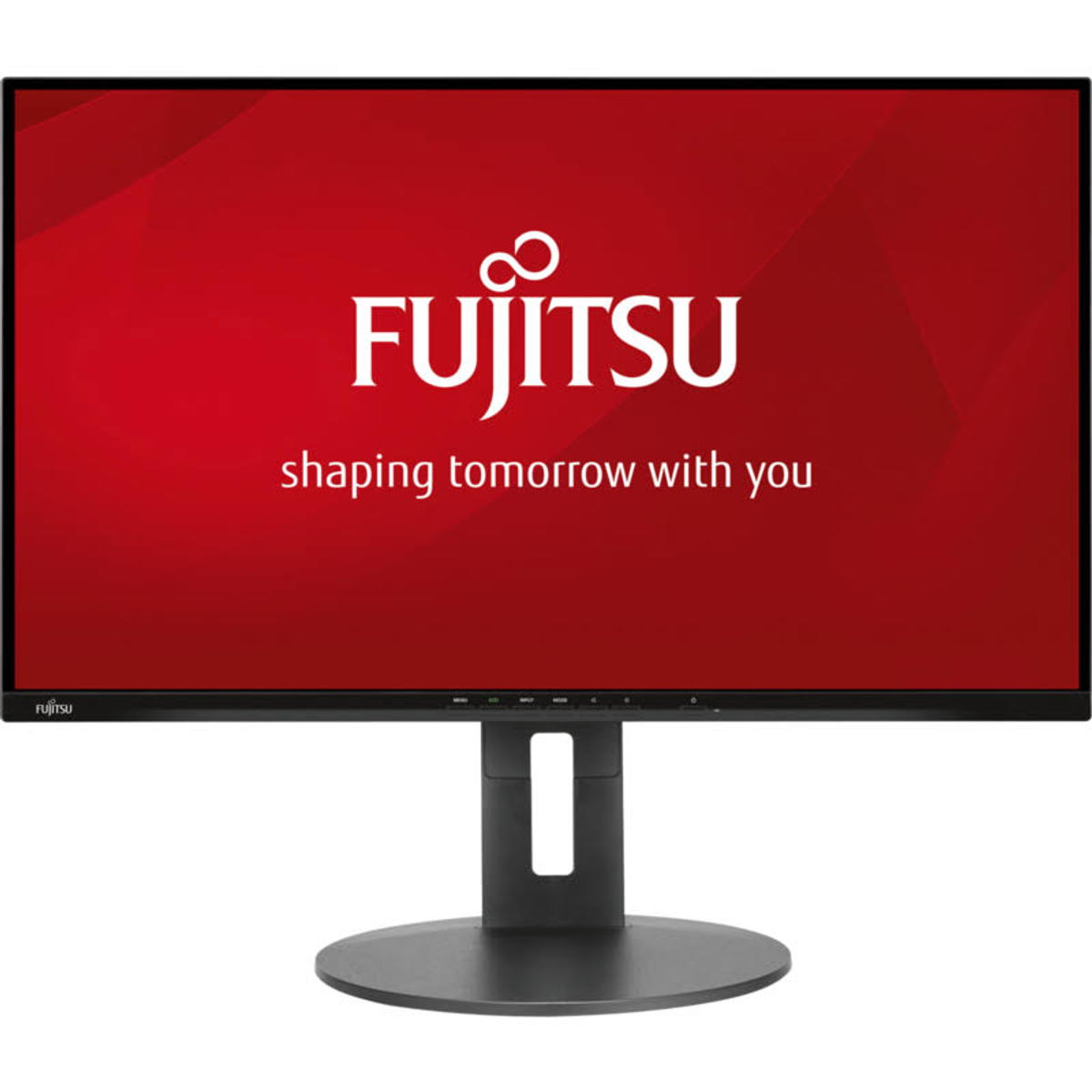 Schwarzer Fujitsu-Monitor mit rotem Bildschirm und weißem Text.