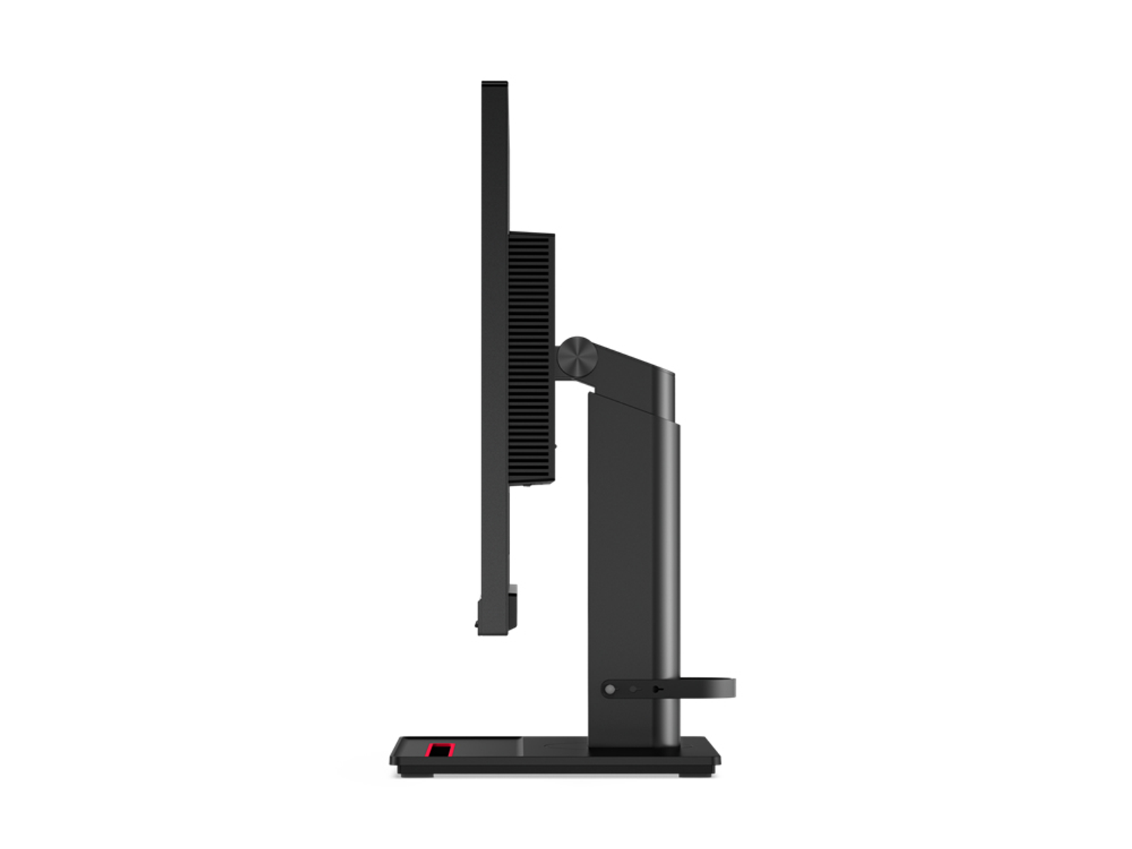 Seitenansicht eines schwarzen Monitors mit einzigartigem Ständerdesign und roter Basis.