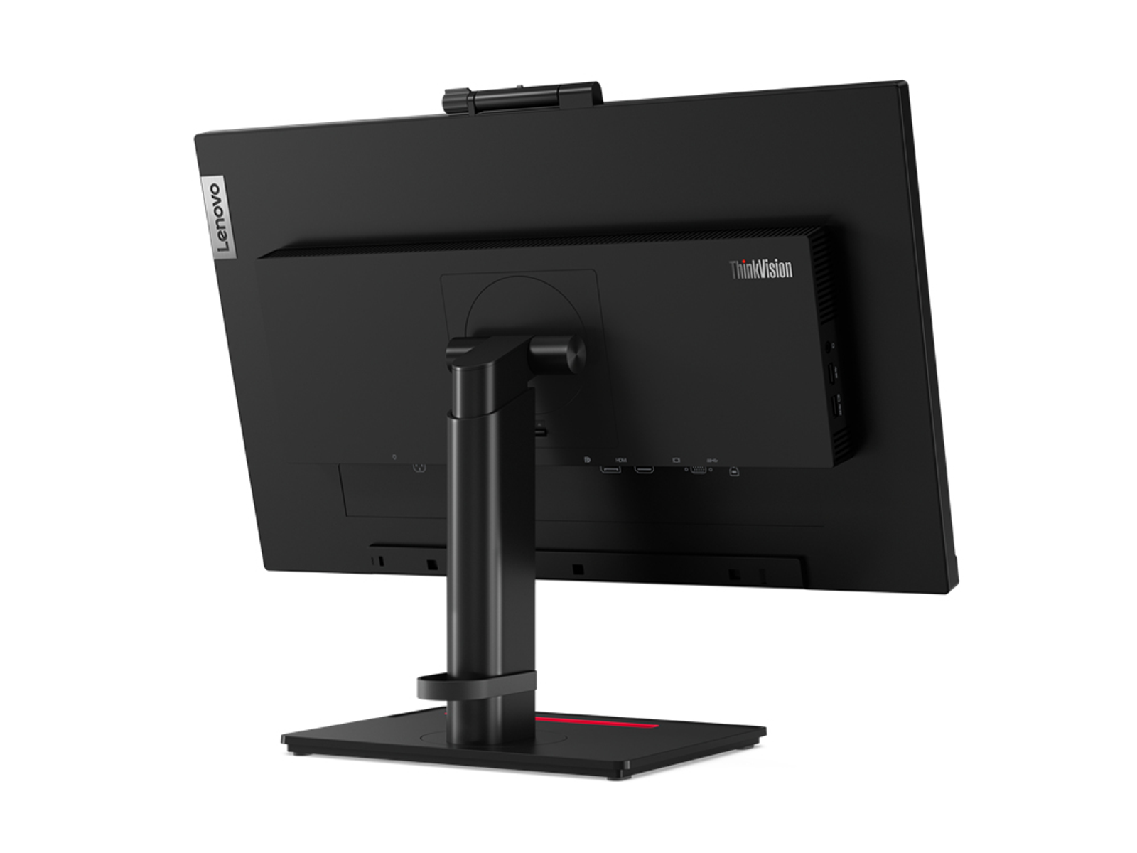 Schwarzer Lenovo ThinkVision Monitor von hinten. Er hat einen Ständer und eine Kamera oben.