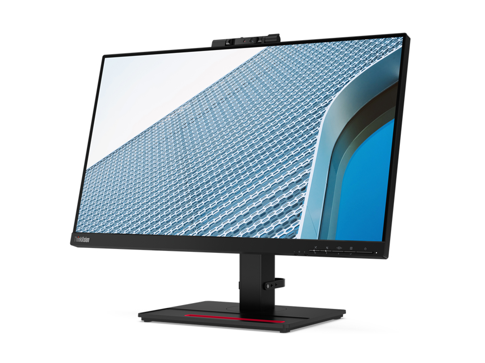 Seitenansicht eines schwarzen ThinkVision Monitors. Auf einem Ständer montiert, weißer Hintergrund.