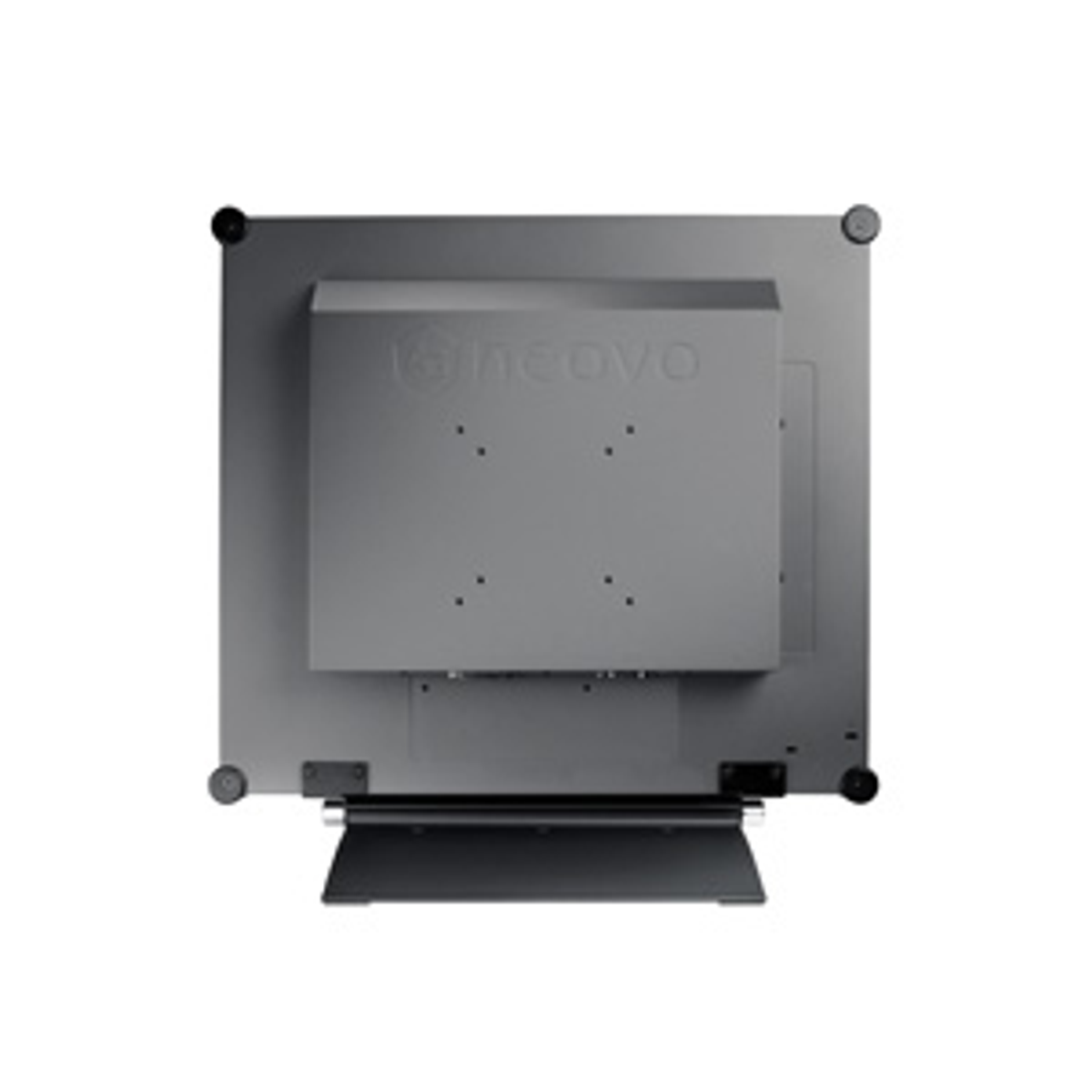 La parte trasera de un monitor gris, con orificios de montaje y soporte.