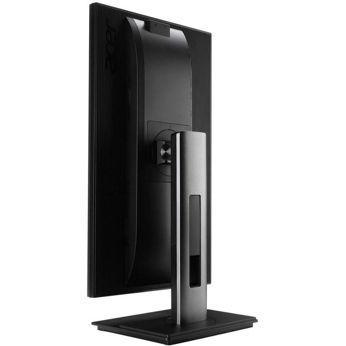 Monitor nero di lato con un supporto nero, che mostra il retro e il profilo laterale.