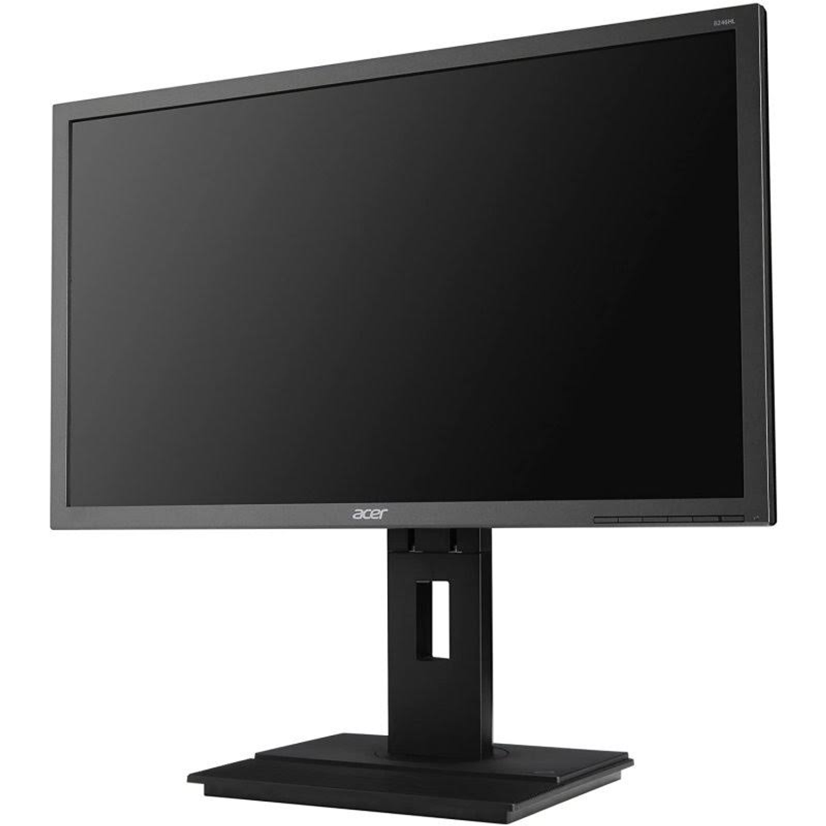 Monitor Acer nero con supporto nero. Lo schermo è nero.